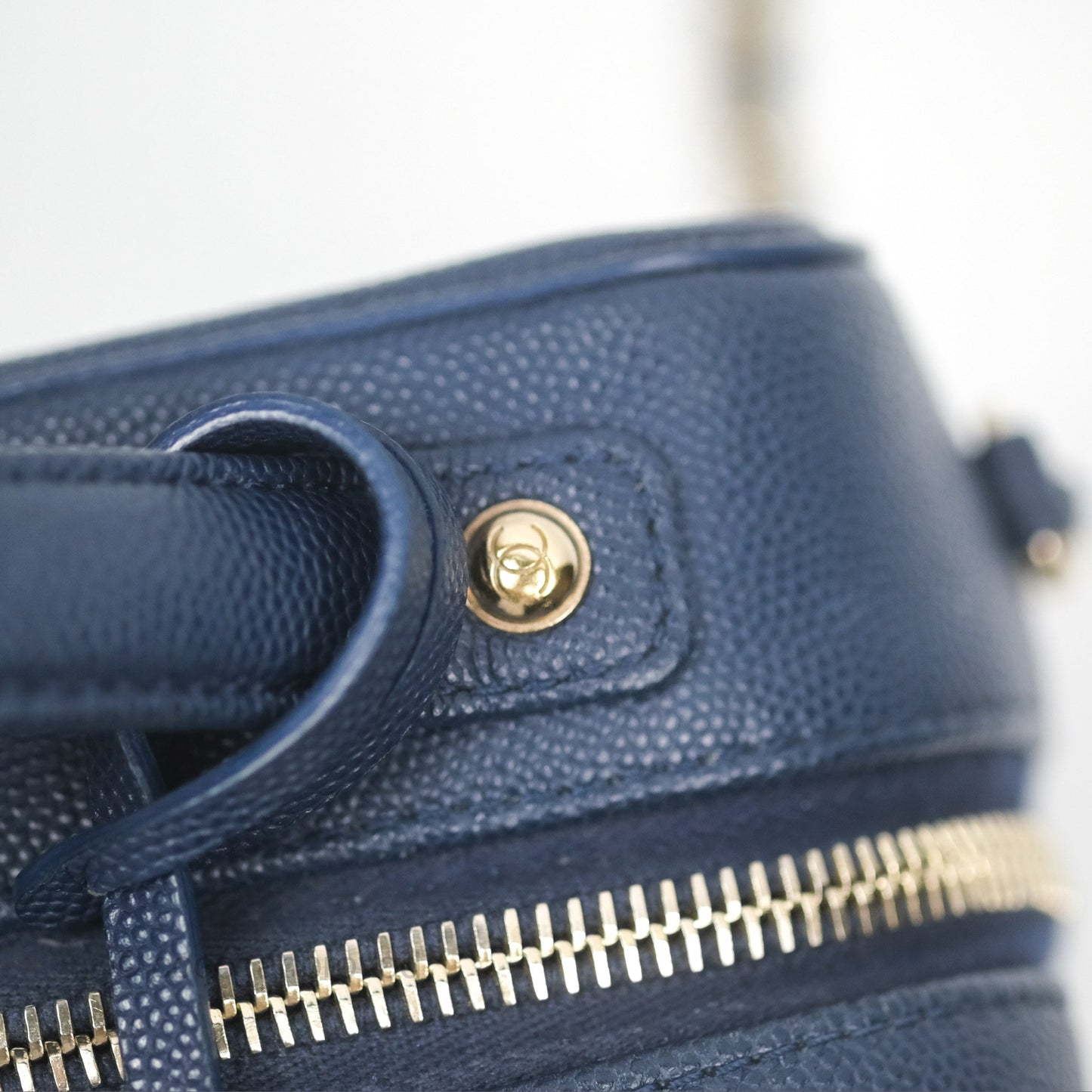 Chanel Quilted Small CC Filigree Vanity Case Navy Caviar Gold Hardware