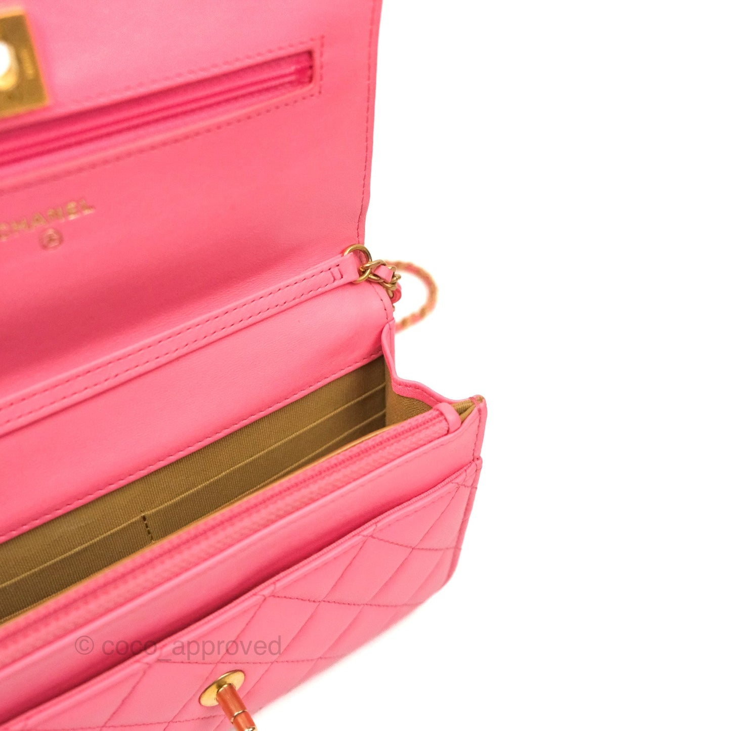 Chanel Quilted Pearl Crush Wallet on Chain WOC Pink Lambskin Aged Gold Hardware