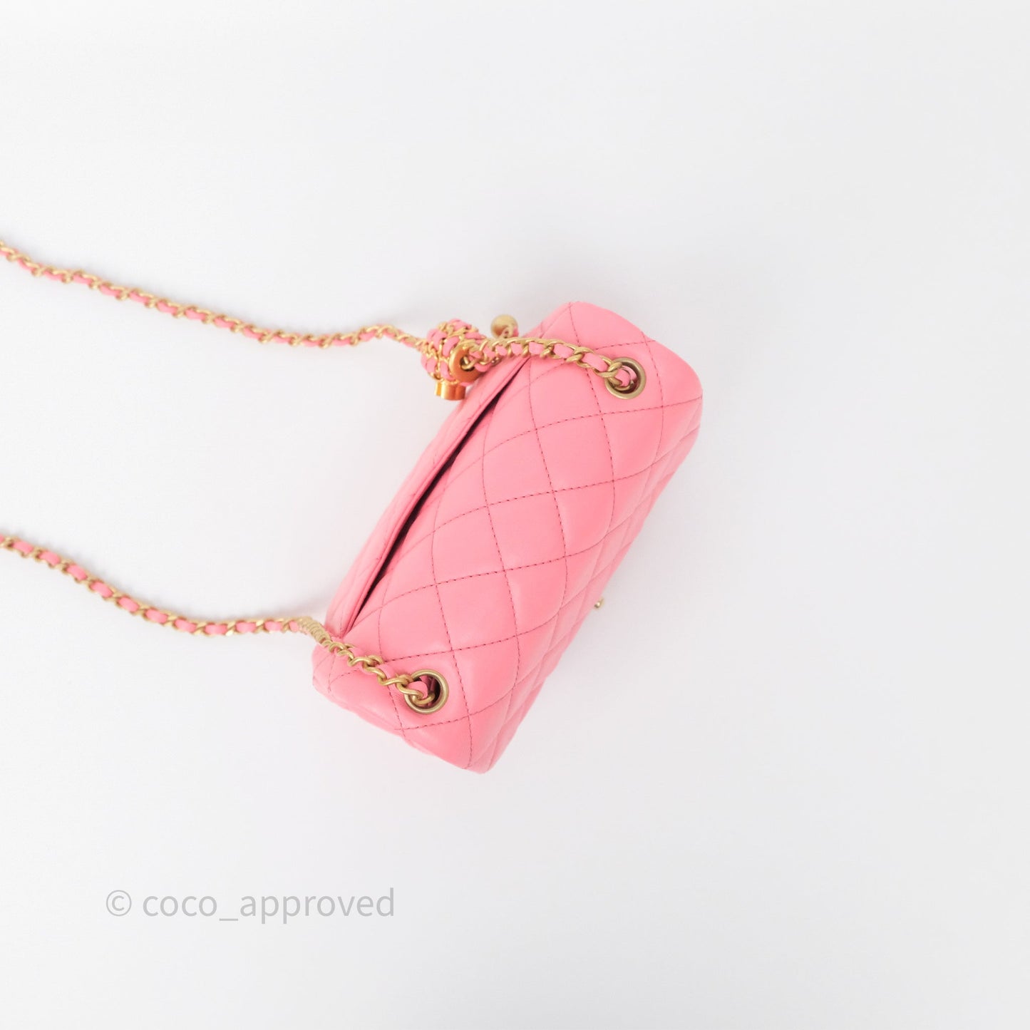 Chanel Pearl Crush Mini Square Quilted Pink Lambskin Aged Gold Hardware
