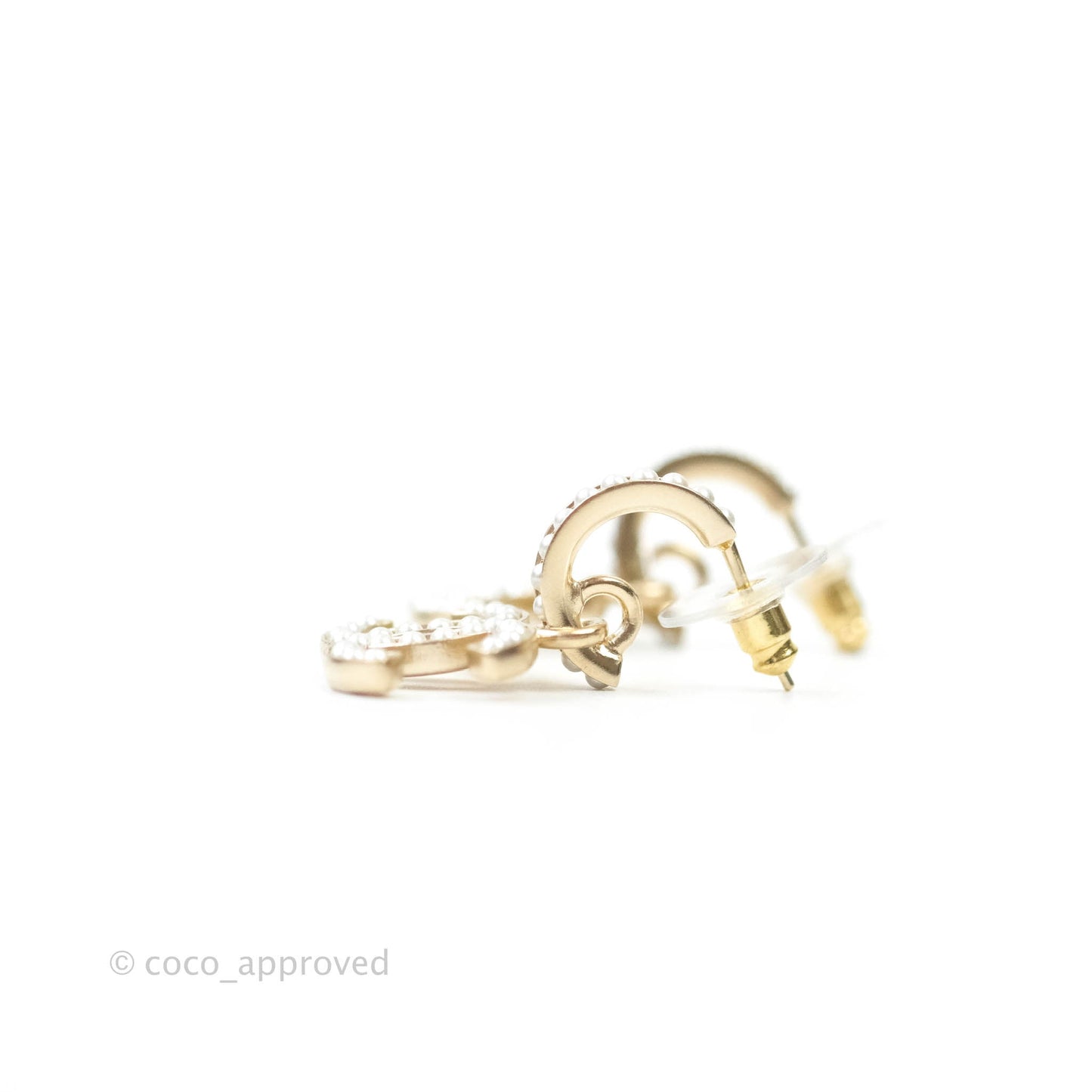 Chanel CC Pearl Hoop Earrings Gold Tone 21P