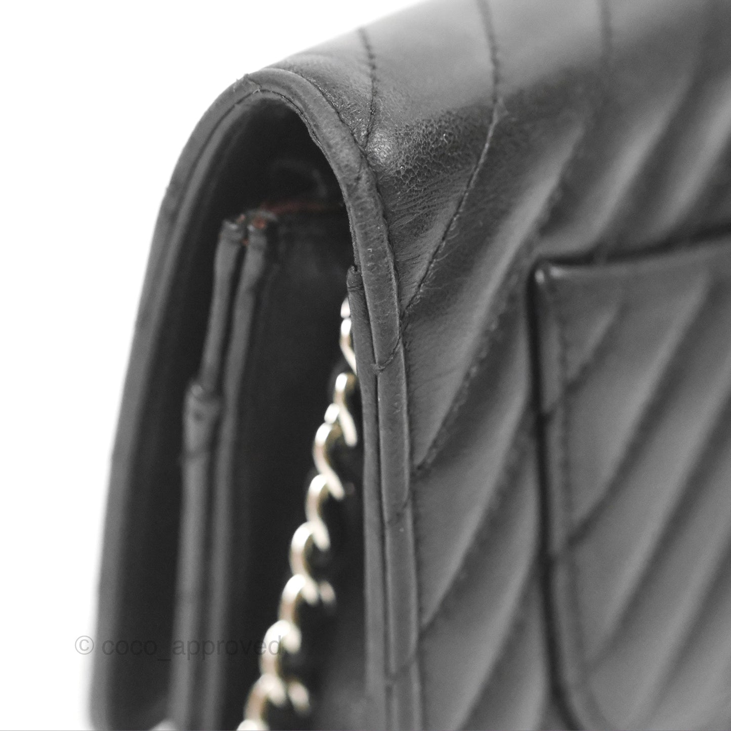Chanel Classic Chevron Wallet on Chain WOC Black Lambskin Silver Hardware