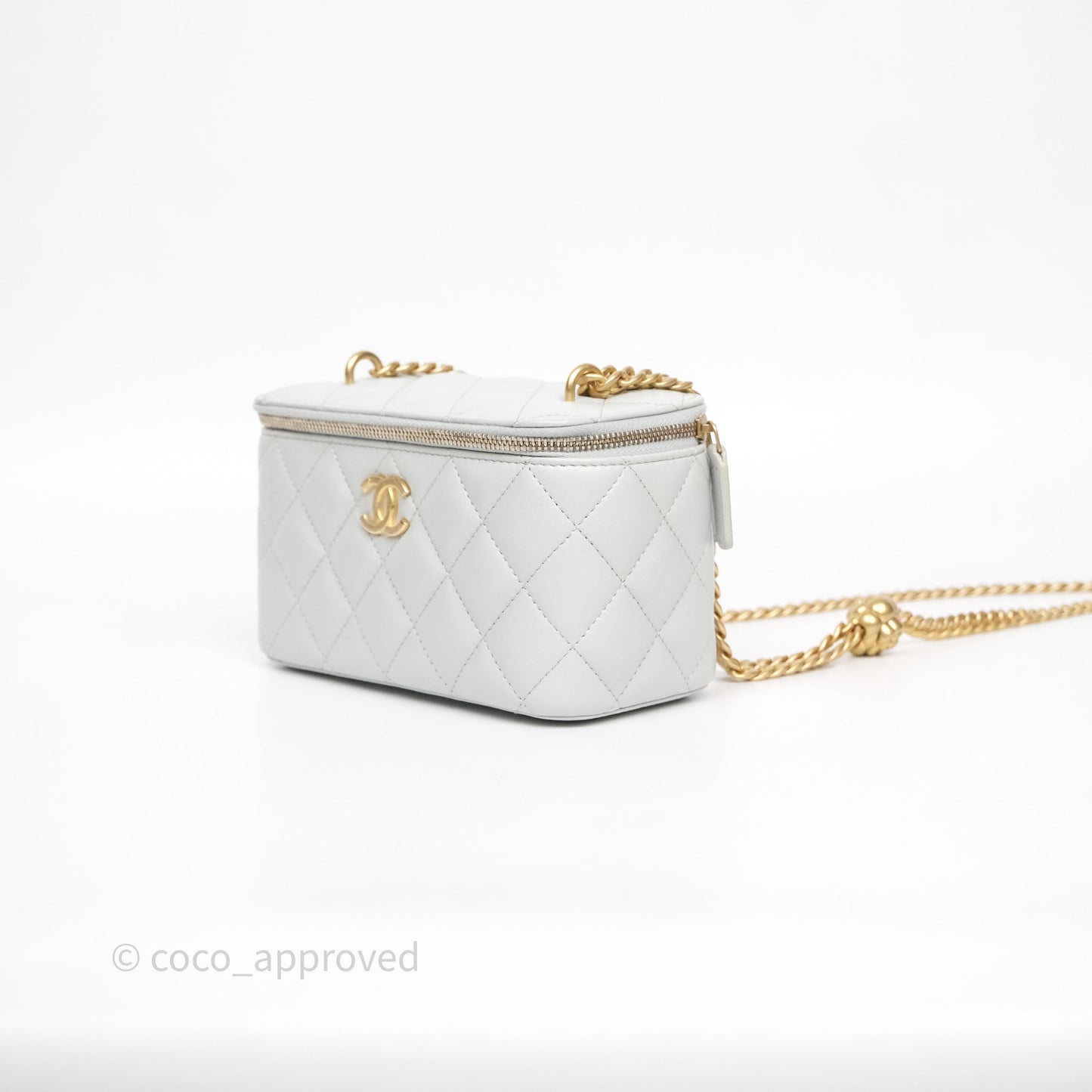 Chanel Quilted Vanity Rectangular with Camellia Adjustable Chain Blue Grey Lambskin Aged Gold Hardware