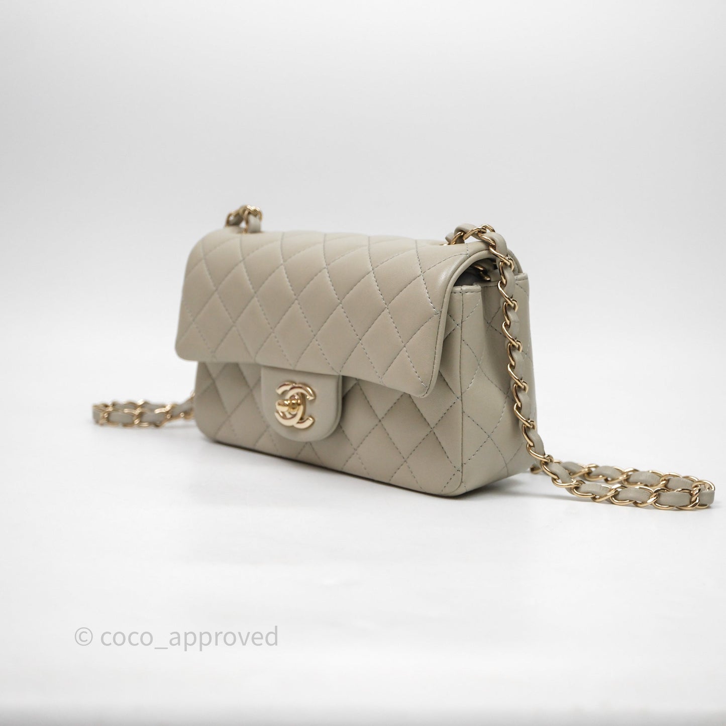 Chanel Mini Rectangular Flap Quilted Light Grey Lambskin Gold Hardware 22C