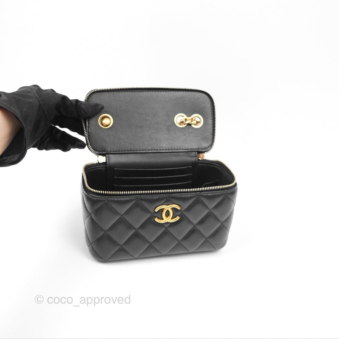 Chanel All Slide Vanity with Adjustable Chain Black Lambskin Aged Gold Hardware