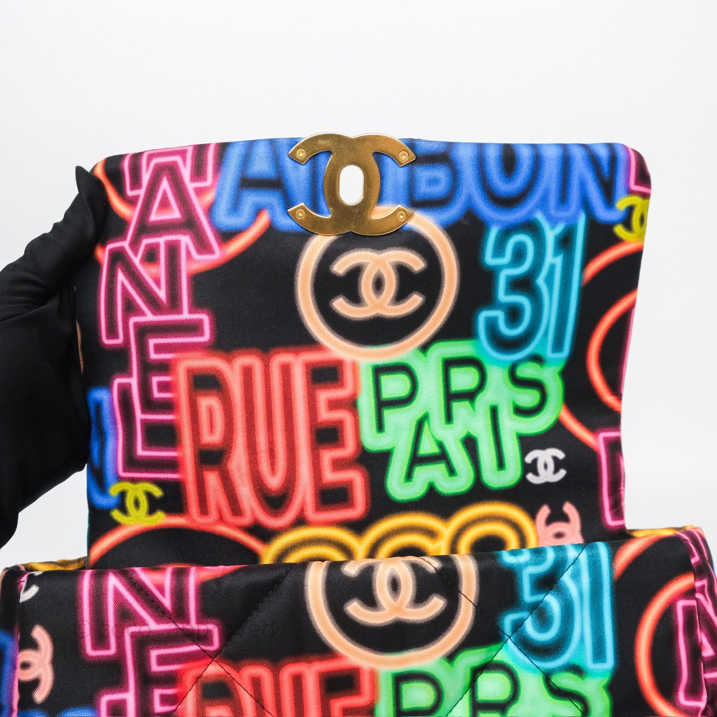 Chanel 19 Small Black Multicolor Fabric Printed Mixed Hardware