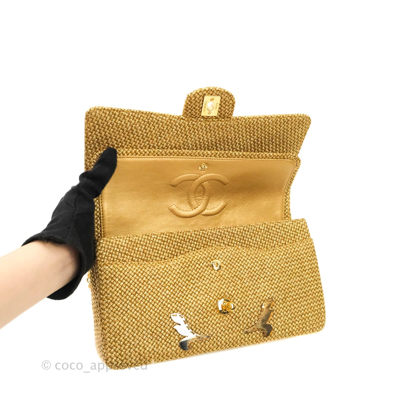 Chanel Classic M/L Medium Double Flap Gold Tweed Mirror Embellished Gold Hardware