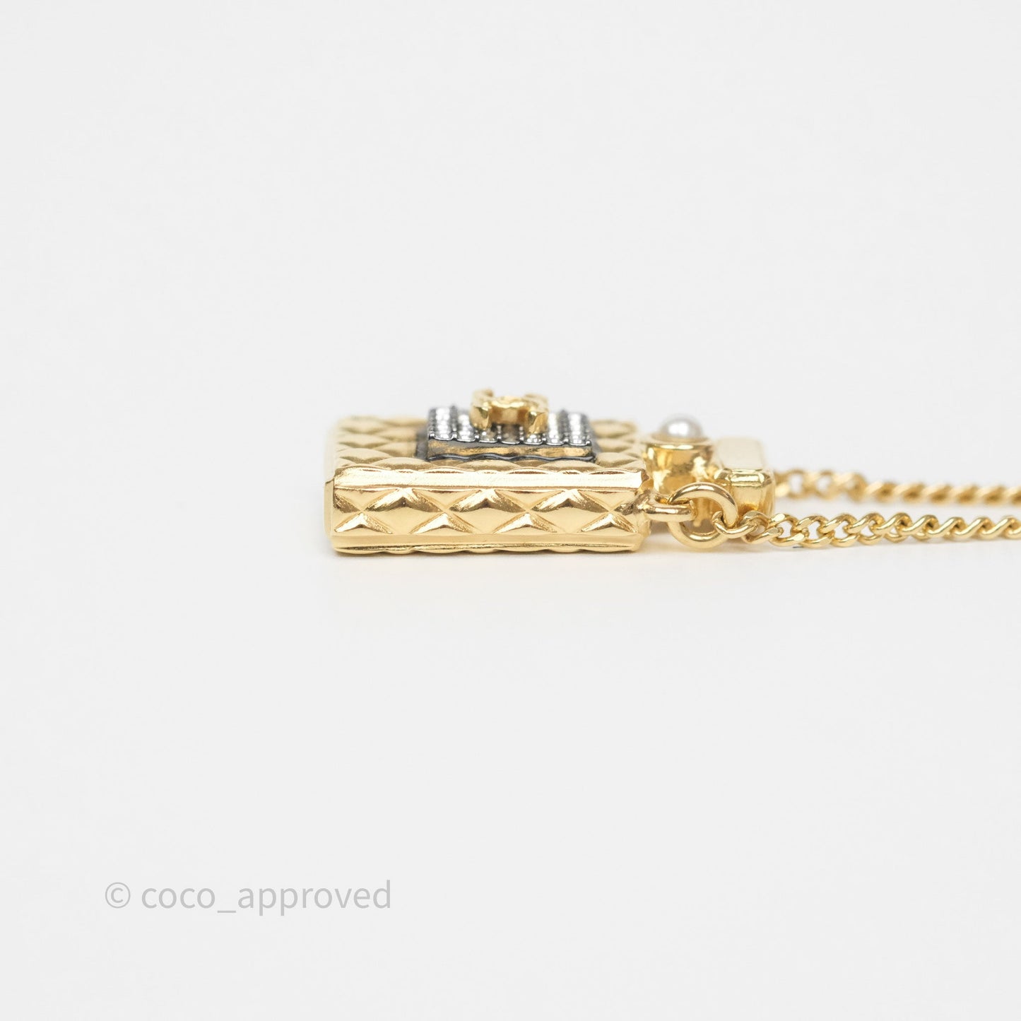 Chanel CC Perfume Bottle Rhinestone Necklace Gold Tone 21V