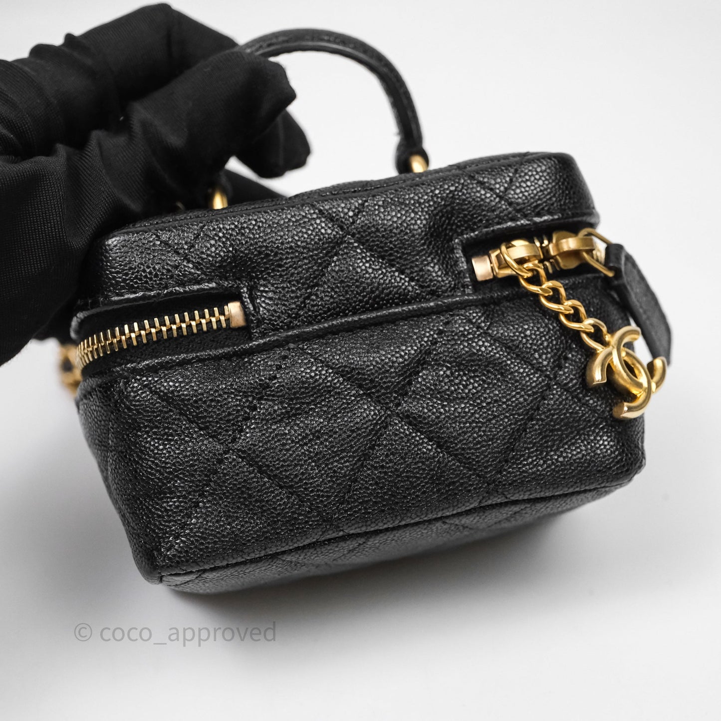 Chanel Quilted Mini Top Handle Vanity With Chain Black Caviar Aged Gold Hardware