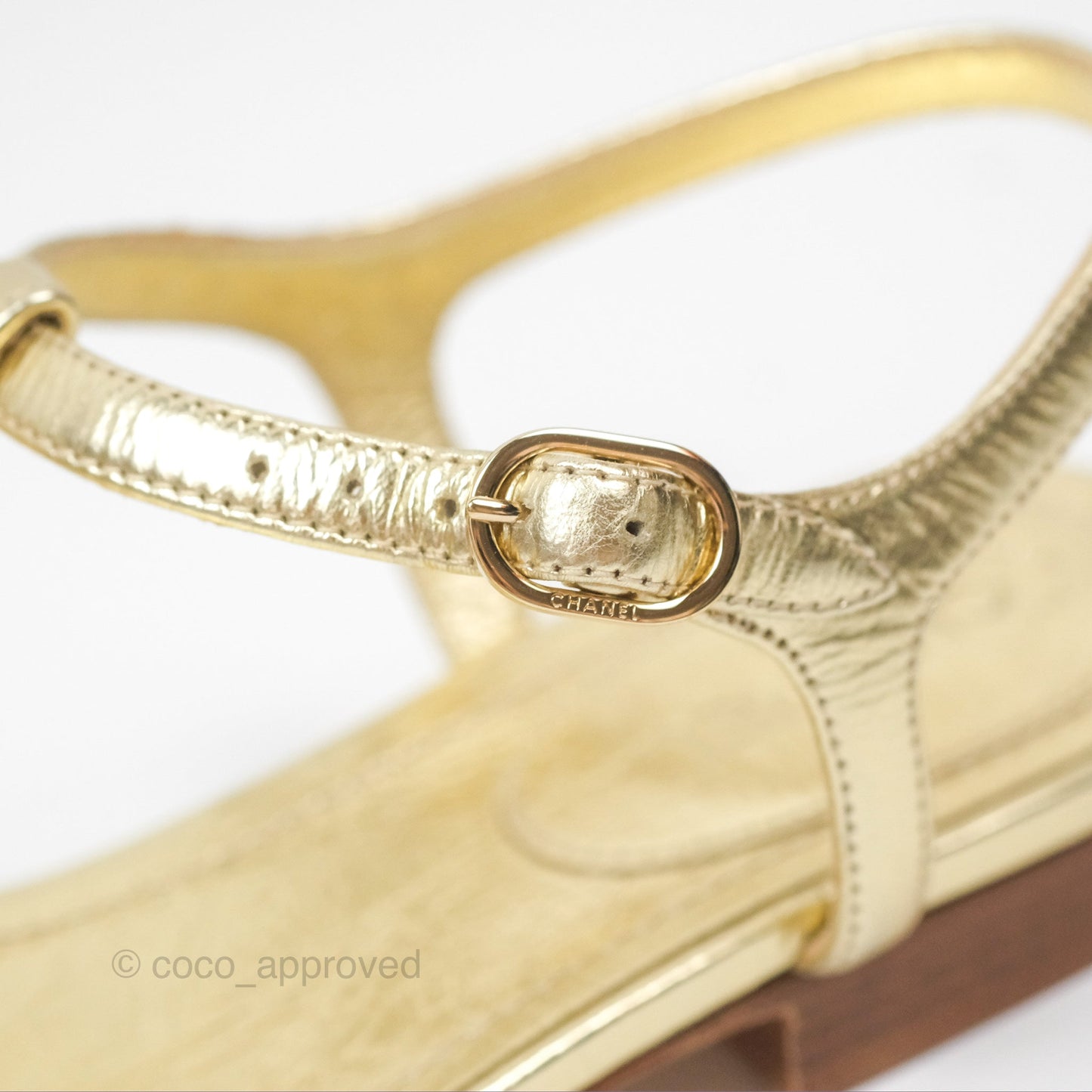 Chanel CC  Gold Metallic Leather Stone Thong Sandals Size 35