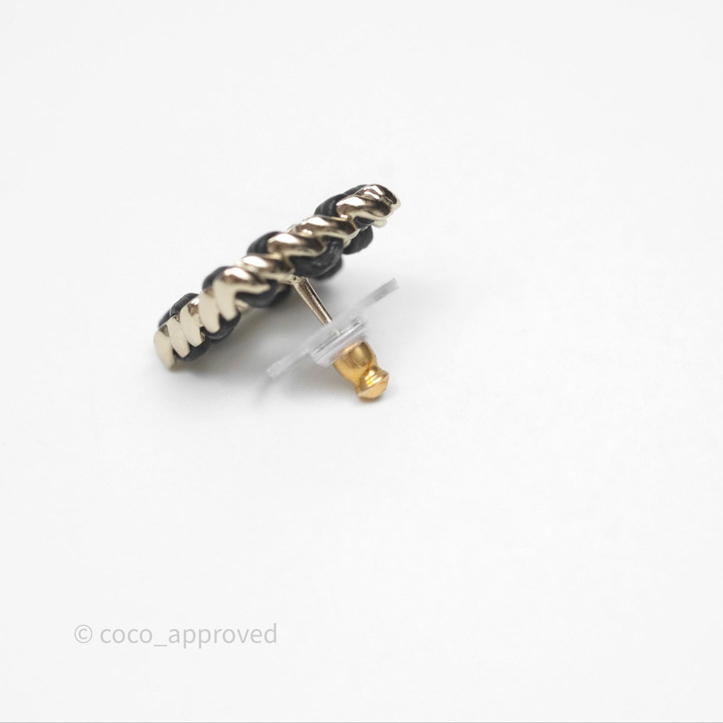 Chanel Square Crystal CC Braided Black Leather Earrings Gold Tone 20B