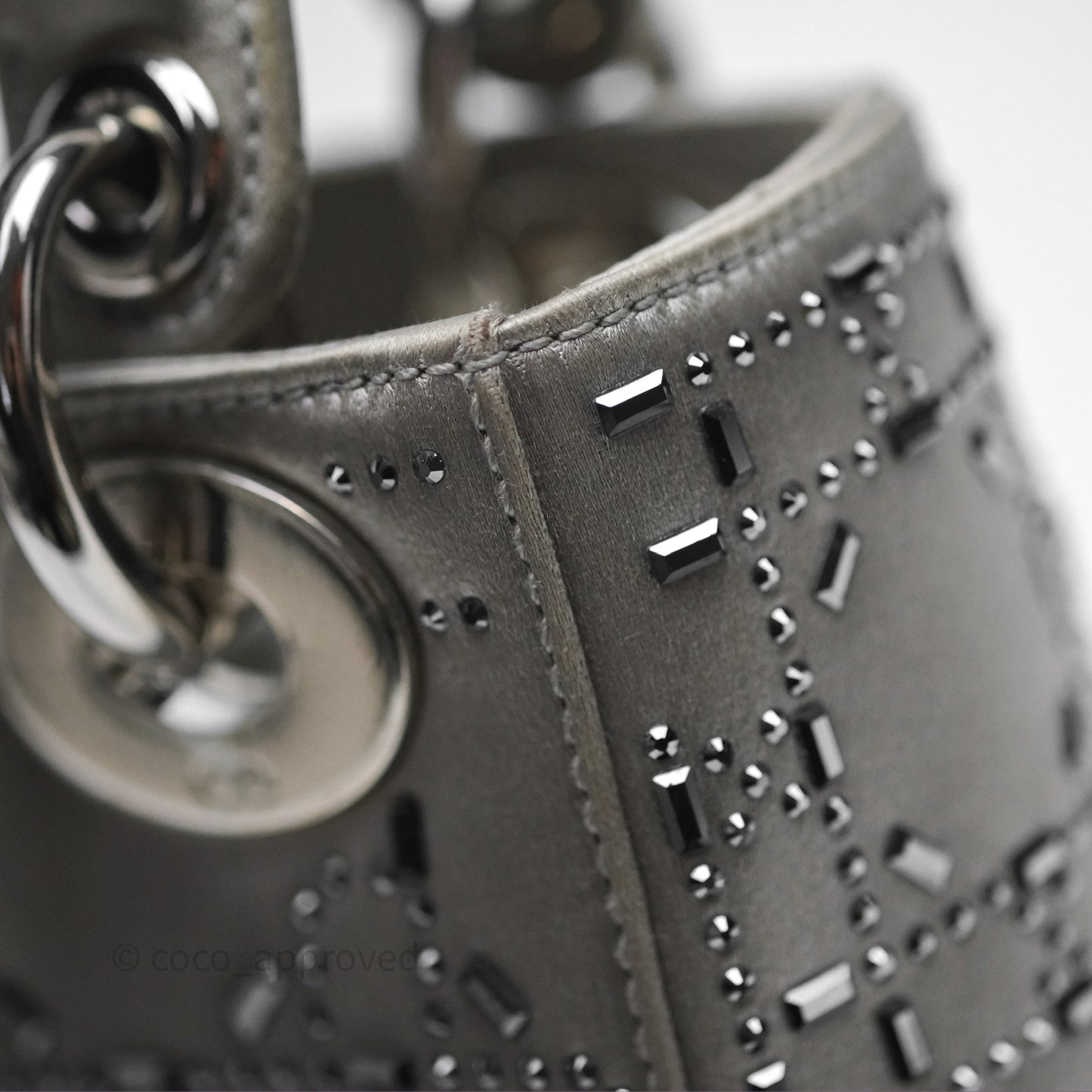 Christian Dior Mini Lady Dior Bag Grey Strass Cannage Satin Silver Hardware