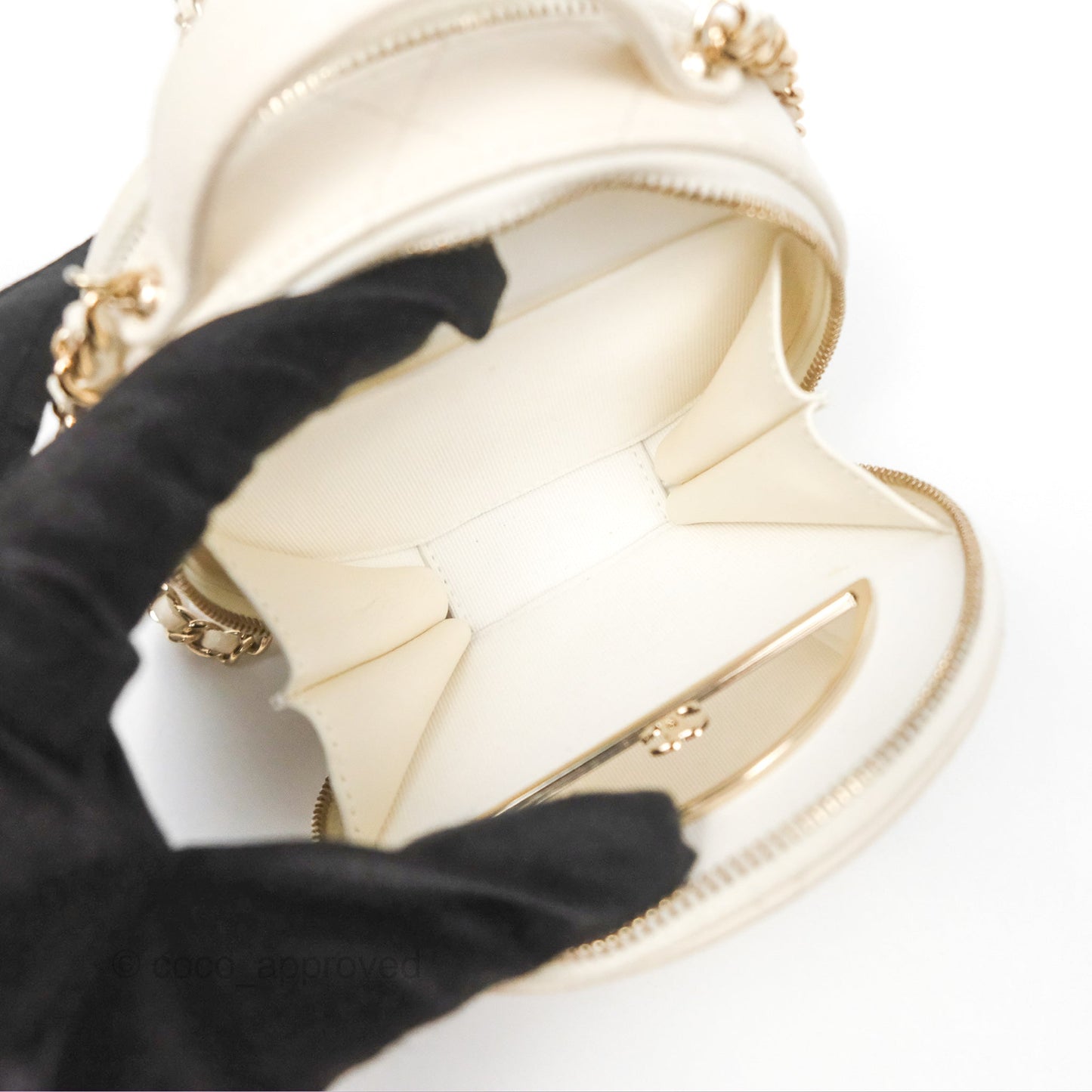 Chanel Mini Round Vanity Bag Handle With Care Ivory Caviar