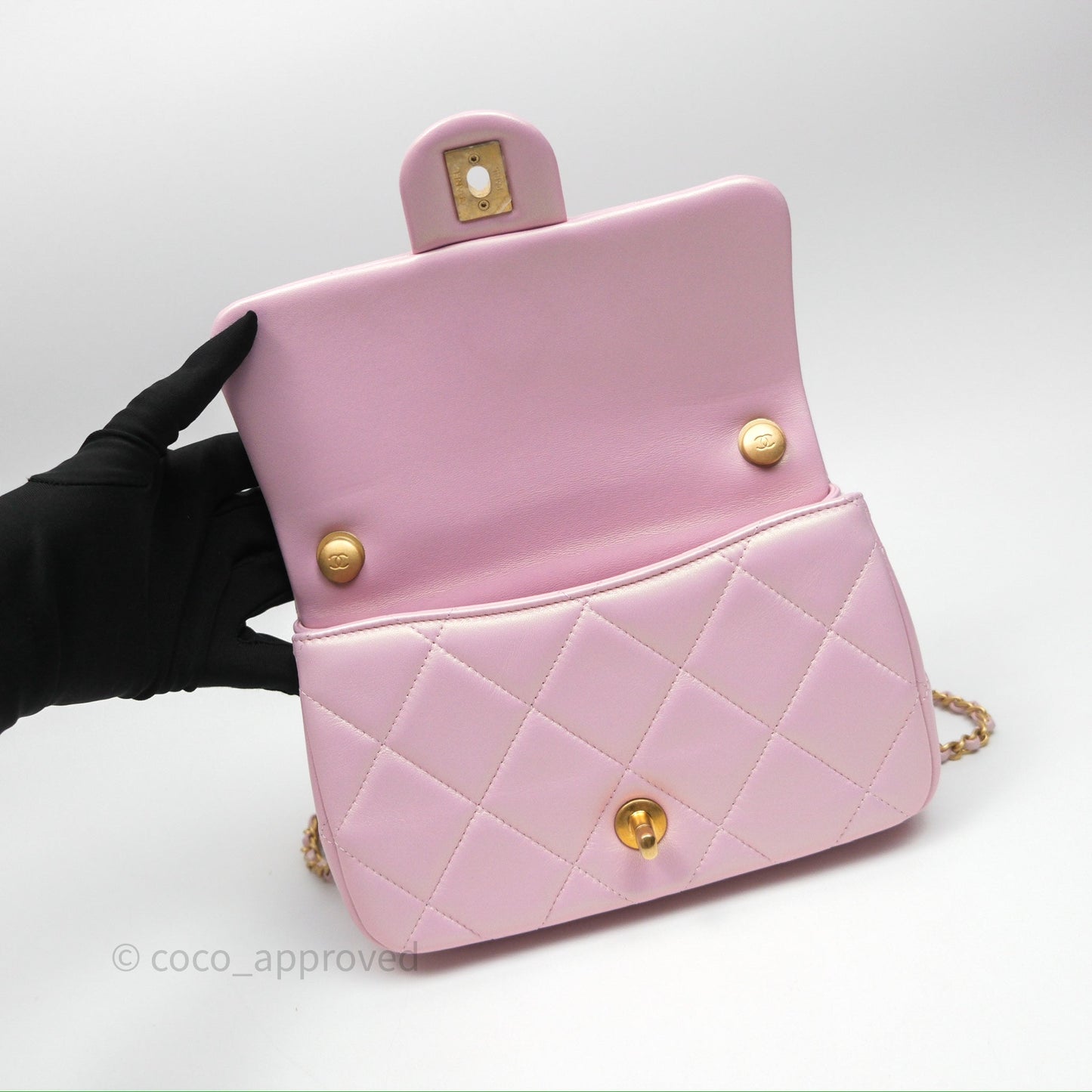Chanel Mini Flap Bag With Pearl Adjustable Chain Iridescent Pink Lambskin Aged Gold Hardware
