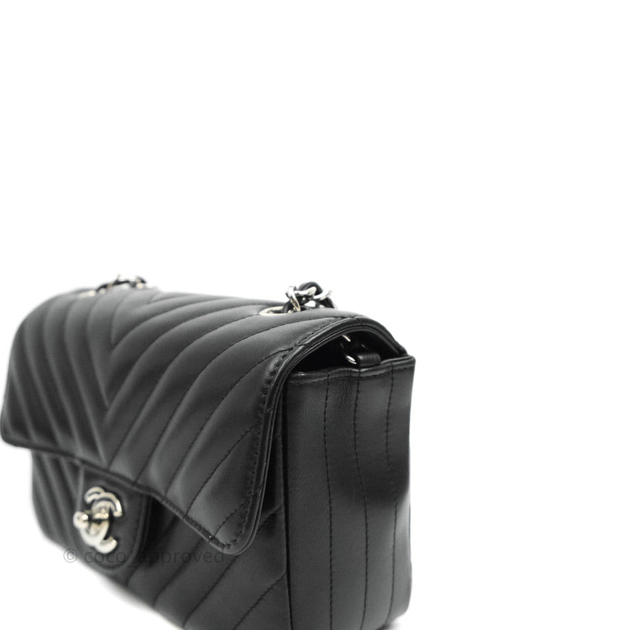 Chanel Chevron Mini Rectangular Flap Black Lambskin Silver Hardware