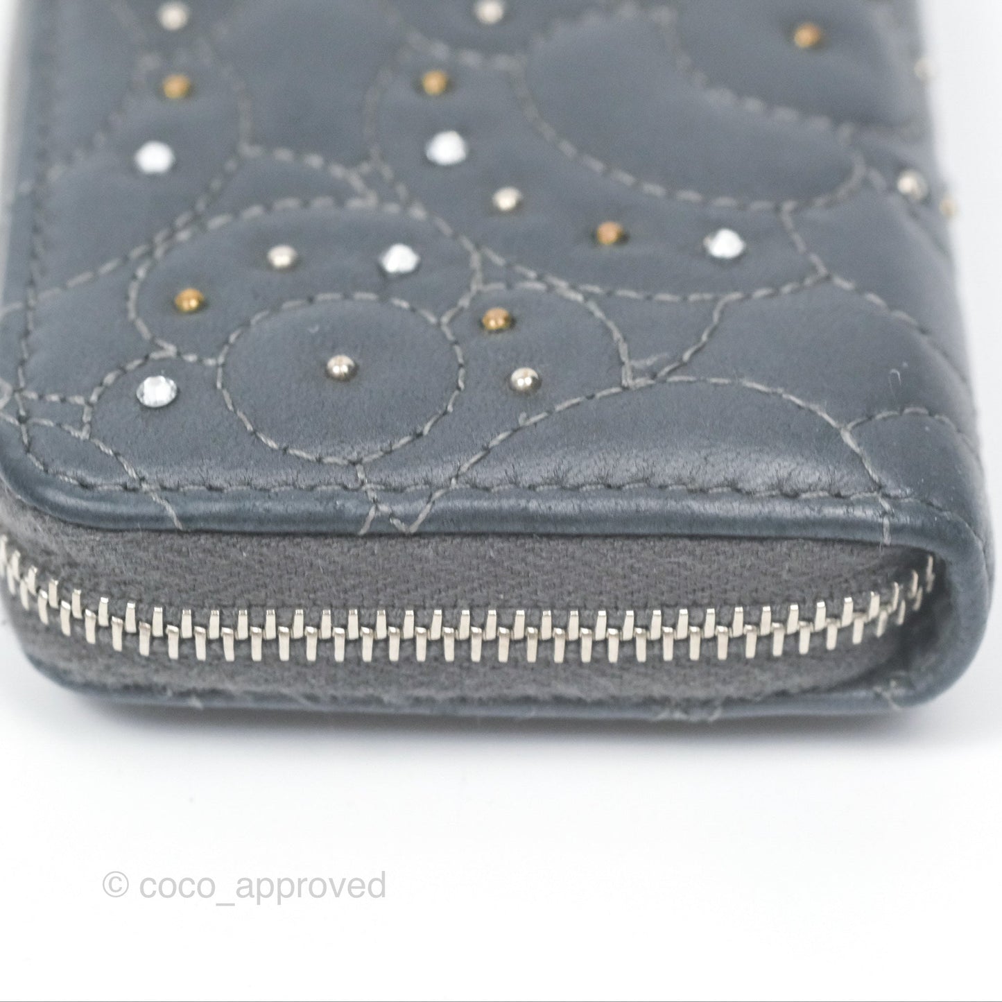 Chanel Camellia Crystal Studded Zipped Coin Purse Grey Silver Hardware