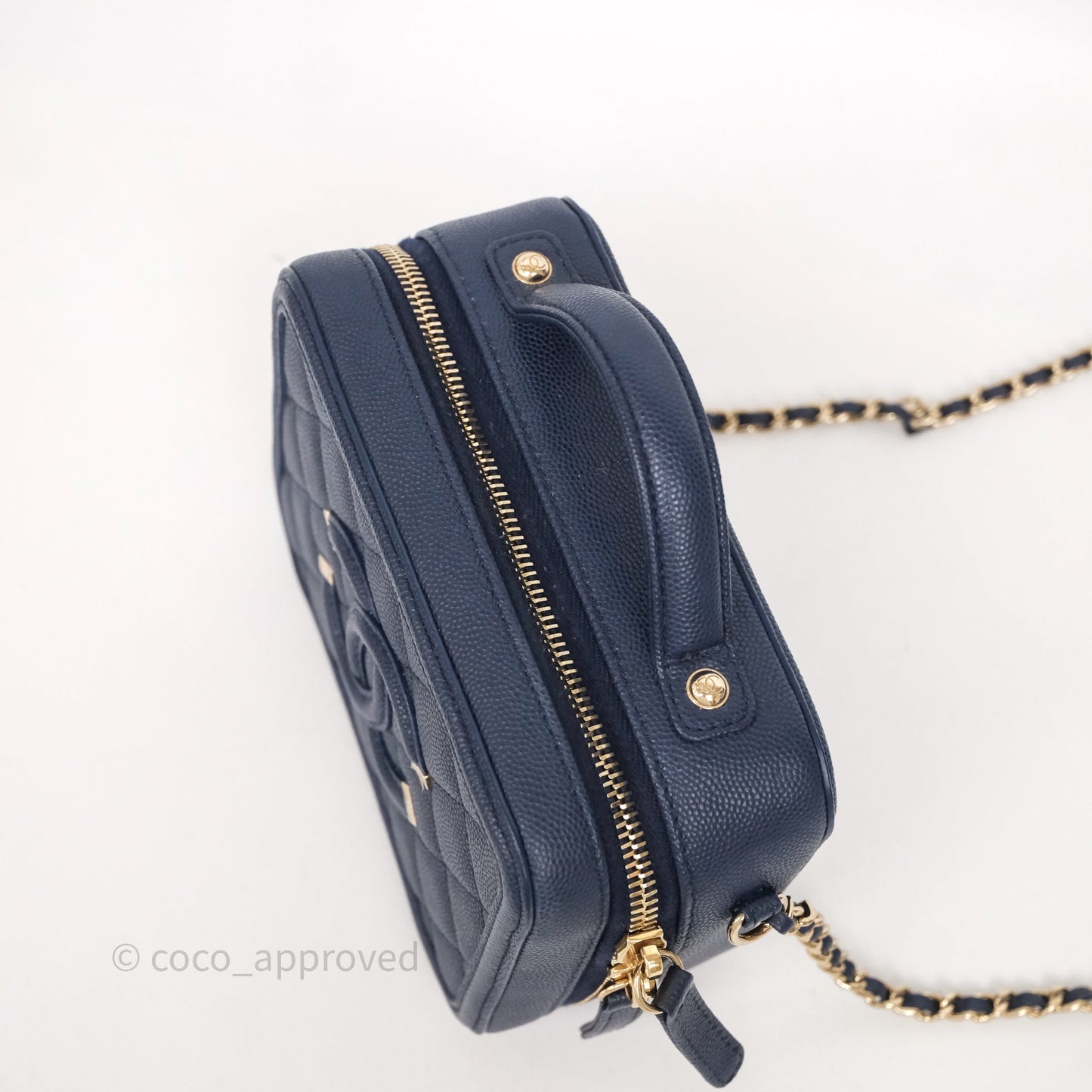Chanel Quilted Small CC Filigree Vanity Case Navy Caviar Gold Hardware