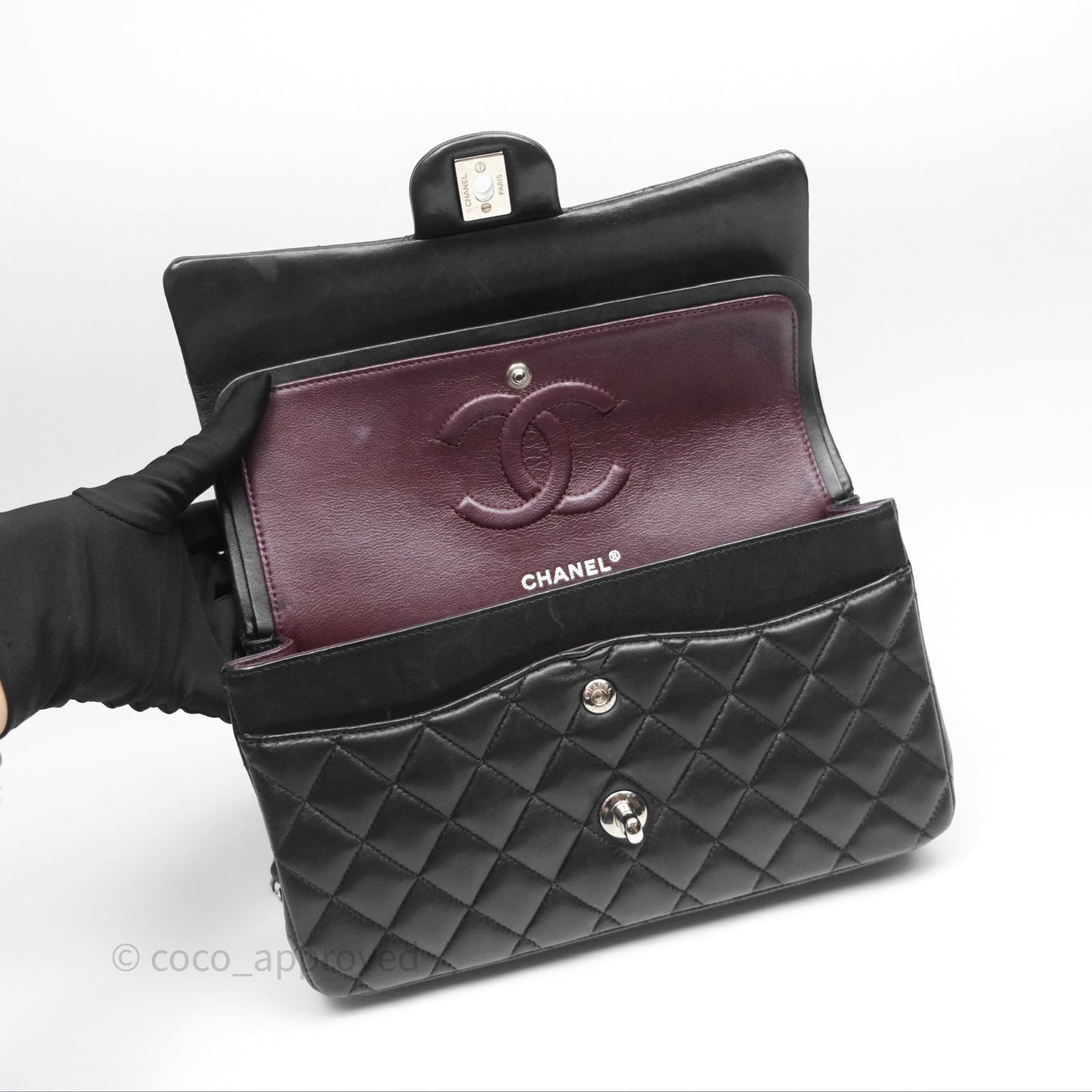 Chanel Classic M/L Medium Flap Quilted Black Lambskin Silver Hardware