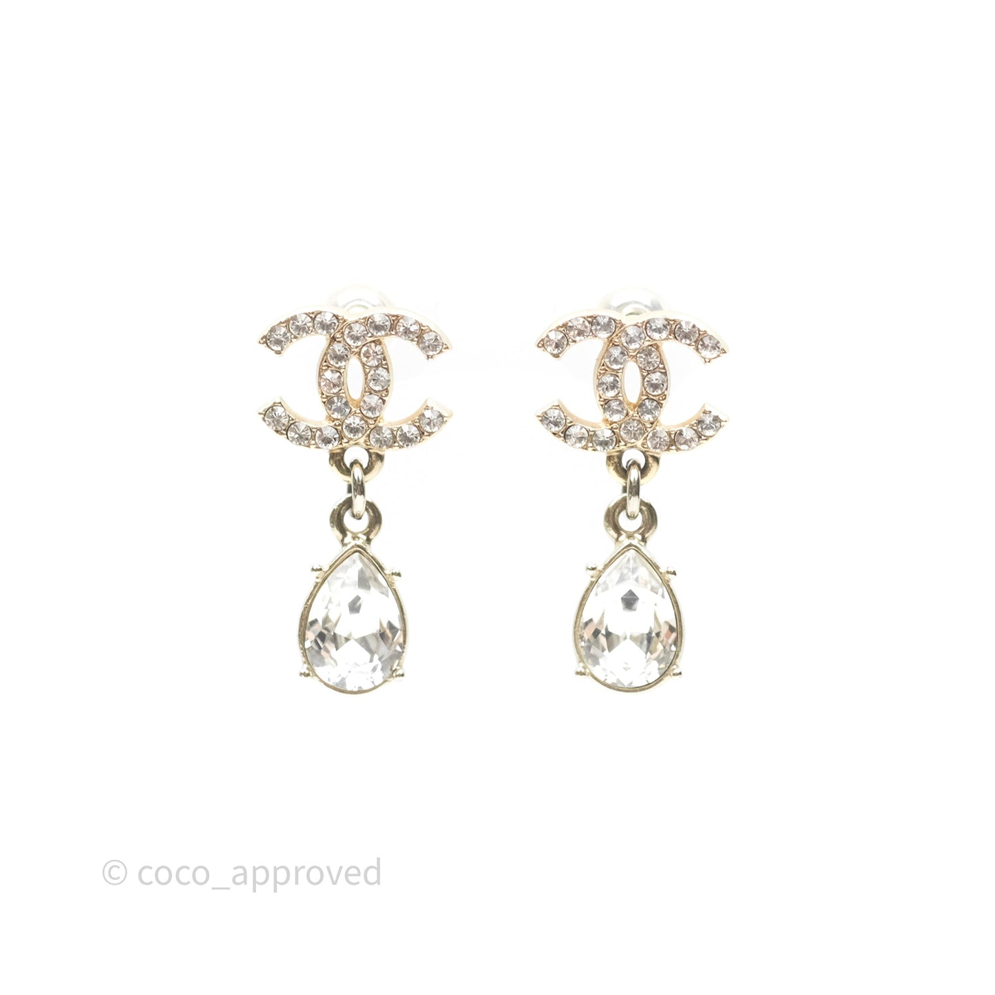 Chanel Crystal CC Drop Earrings Gold Tone 19A