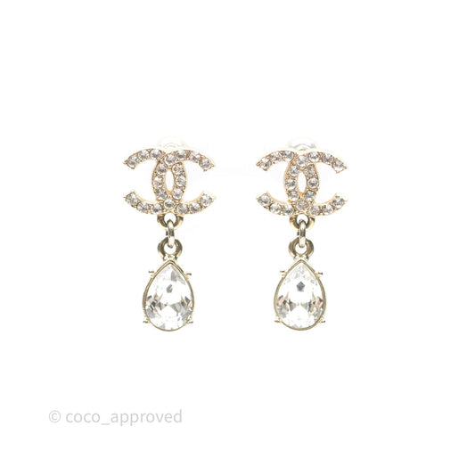 Chanel Crystal CC Drop Earrings Gold Tone 19A