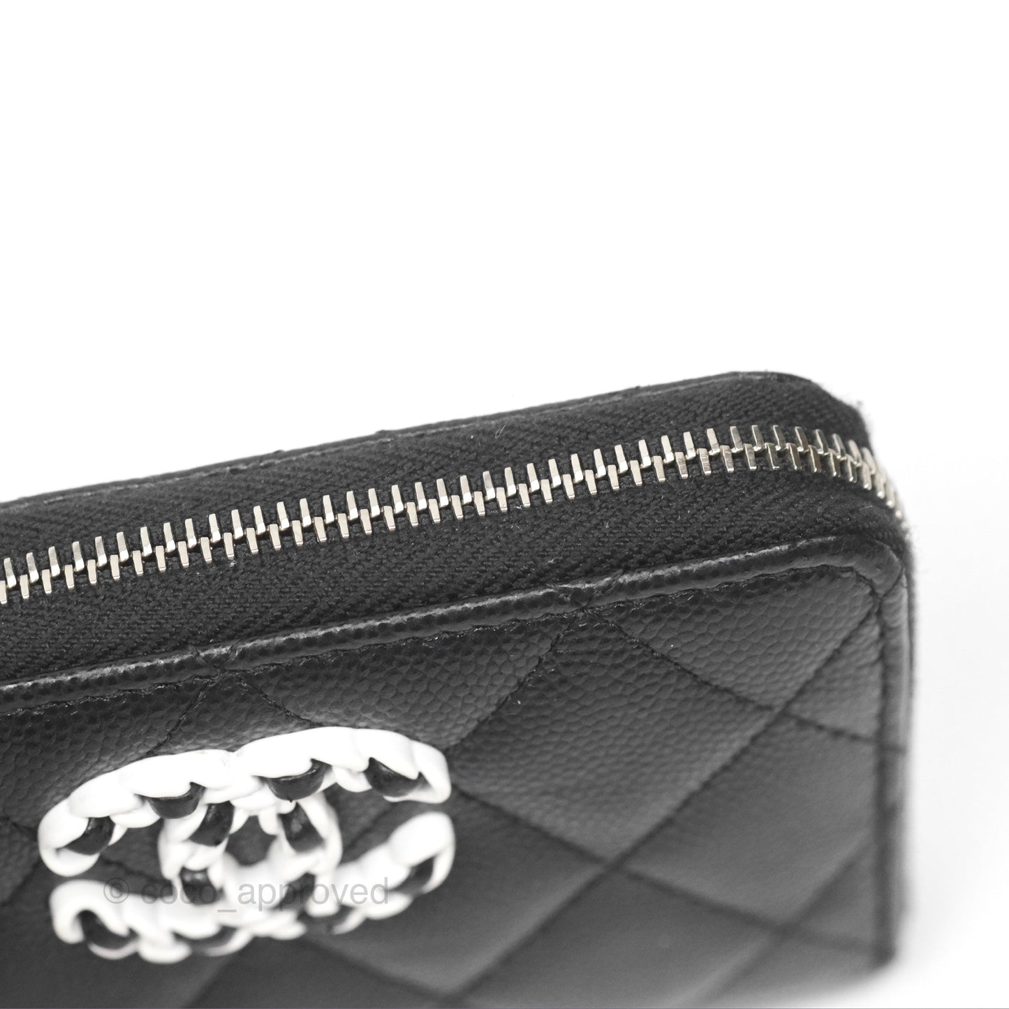 Chanel Zipped Coin Purse Black Caviar White CC Silver Hardware
