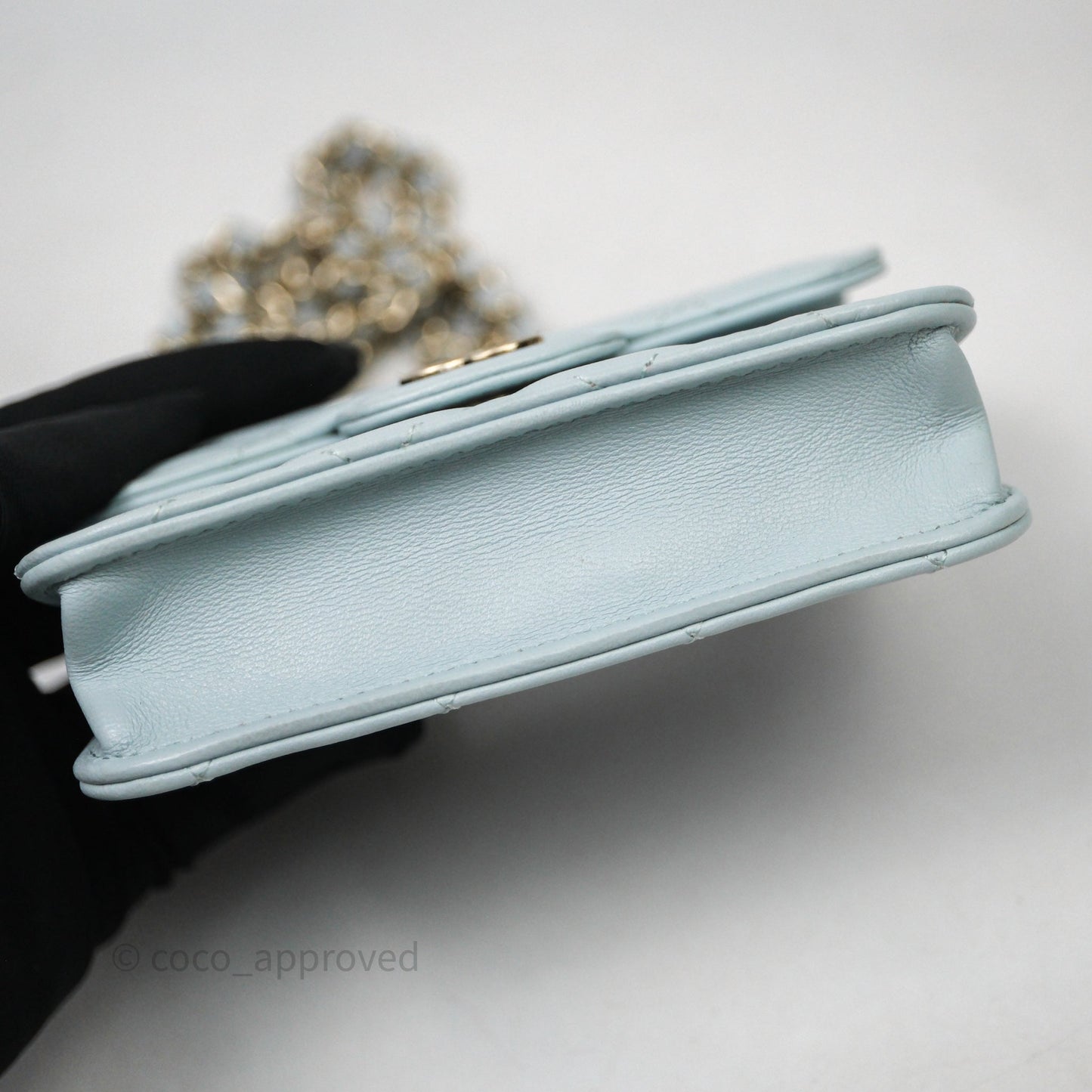 Chanel Mini Handle Flap Coin Purse With Chain Light Blue Lambskin Gold Hardware