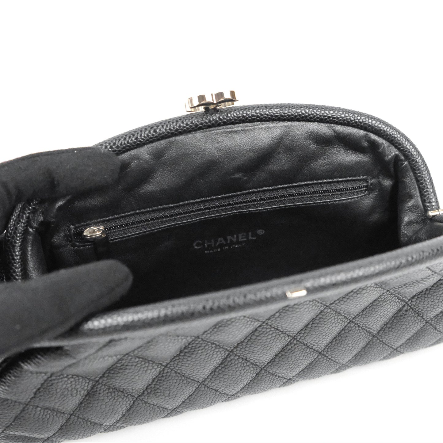 Chanel Quilted Timeless Kisslock Clutch Black Caviar Silver Hardware