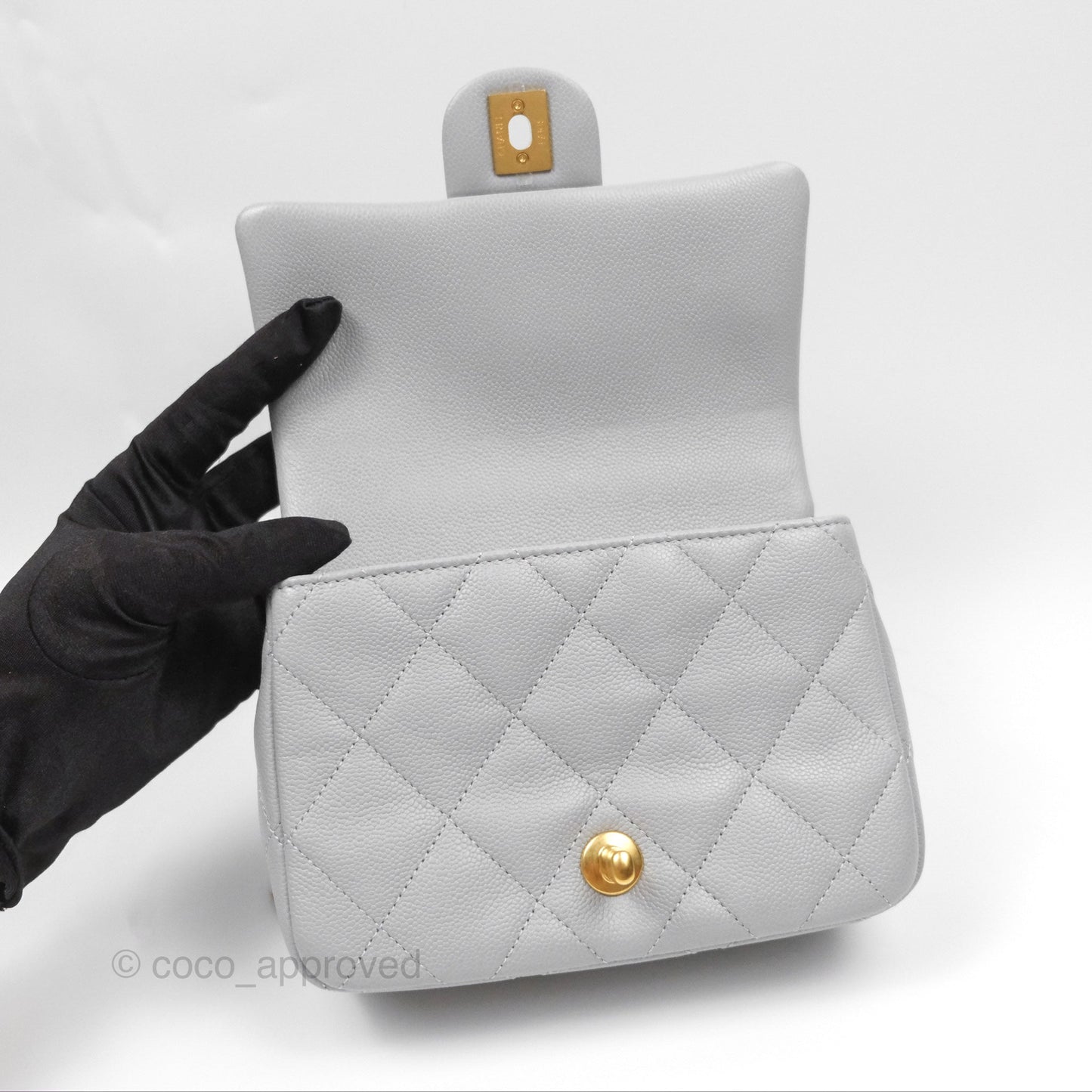 Chanel Mini Flap Bag Heart Adjustable Chain Grey Caviar Aged Gold Hardware
