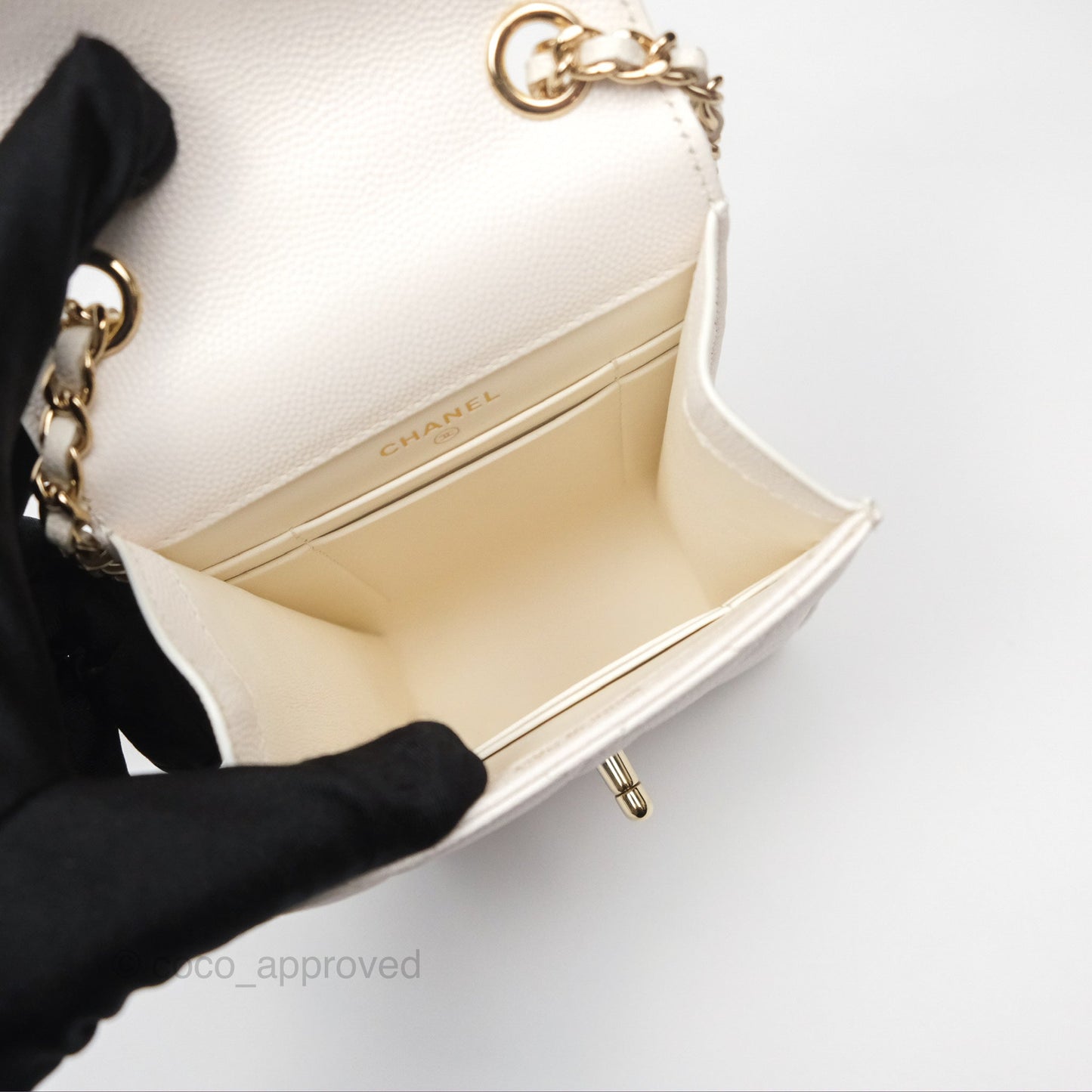 Chanel Classic Quilted Phone Holder White Caviar Gold Hardware
