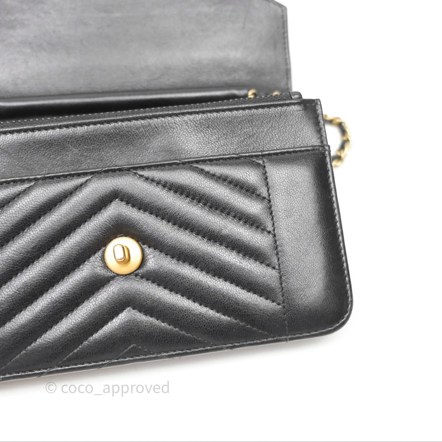 Chanel Reversed Chevron Wallet On Chain WOC Black Lambskin Aged Gold Hardware