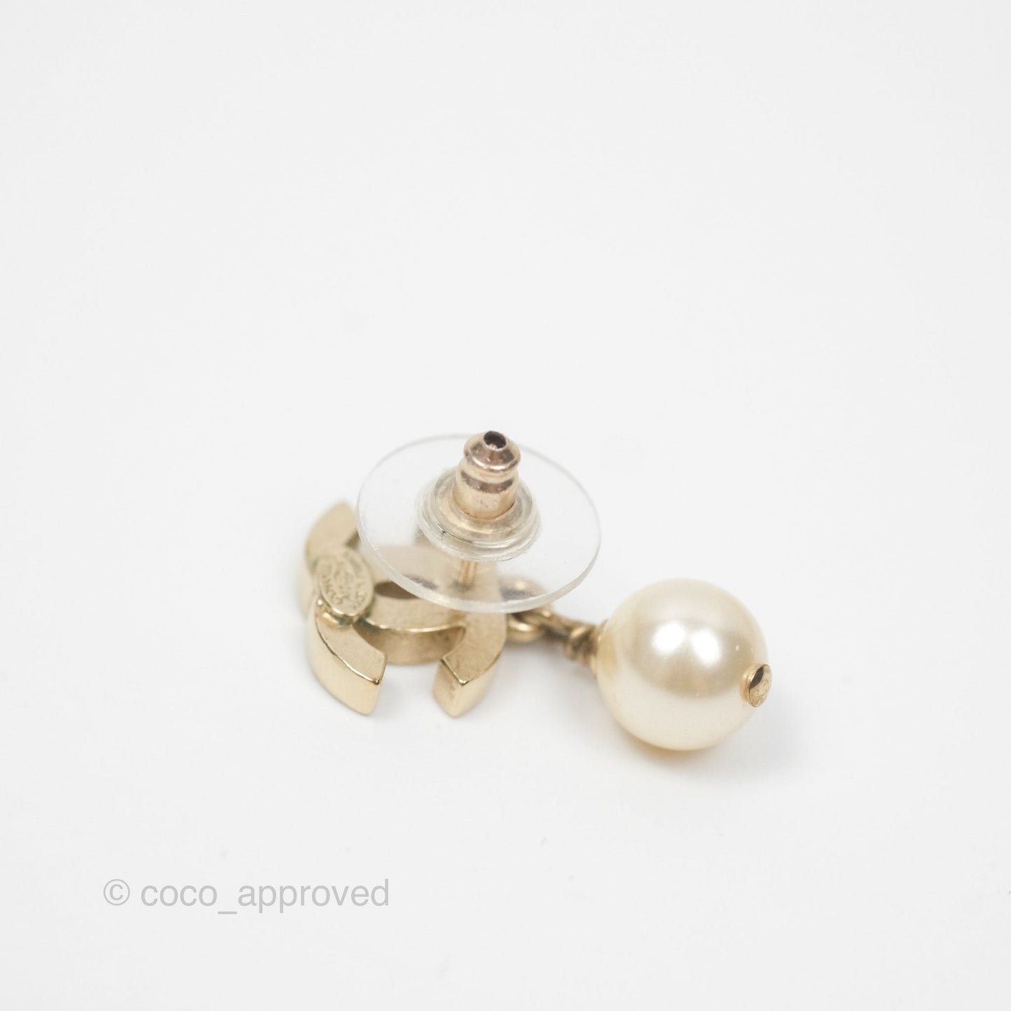 Chanel CC Pearl Drop Earrings Gold Tone 12W