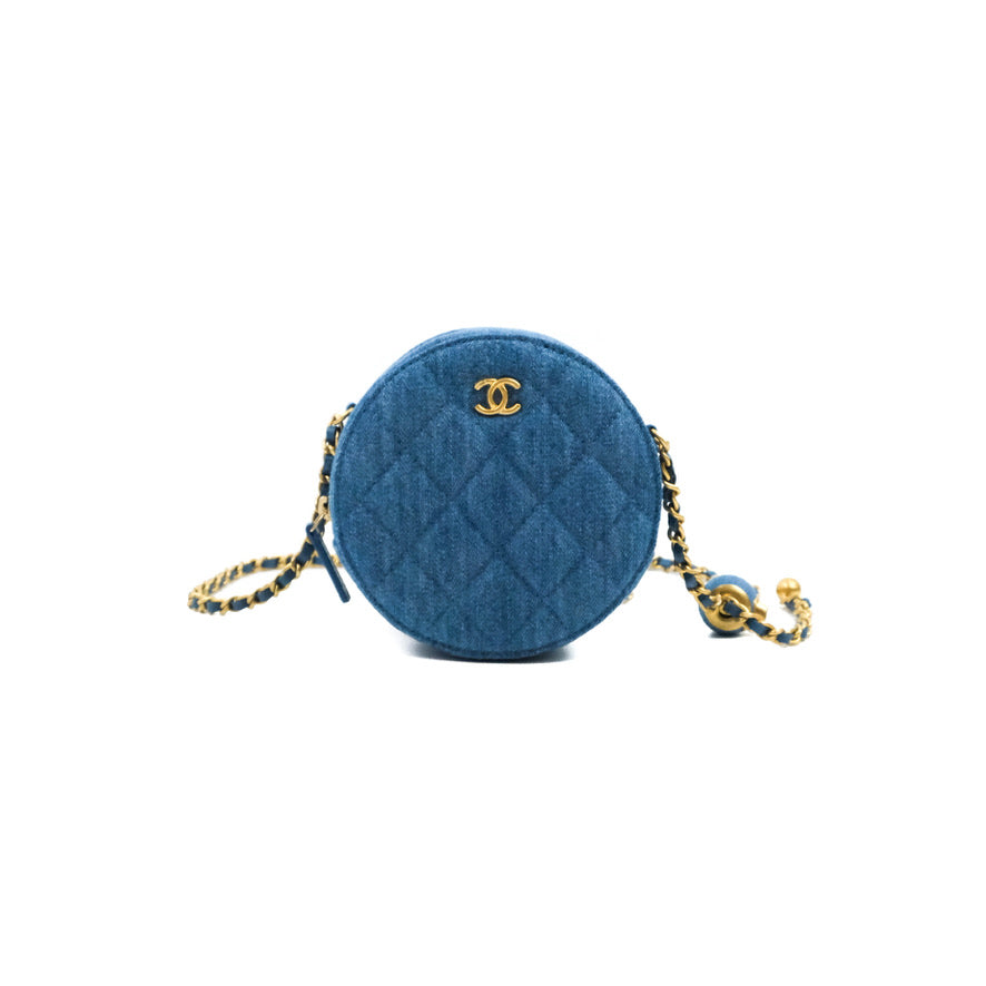 Chanel Quilted Pearl Crush Round Clutch With Chain Denim Aged Gold Hardware