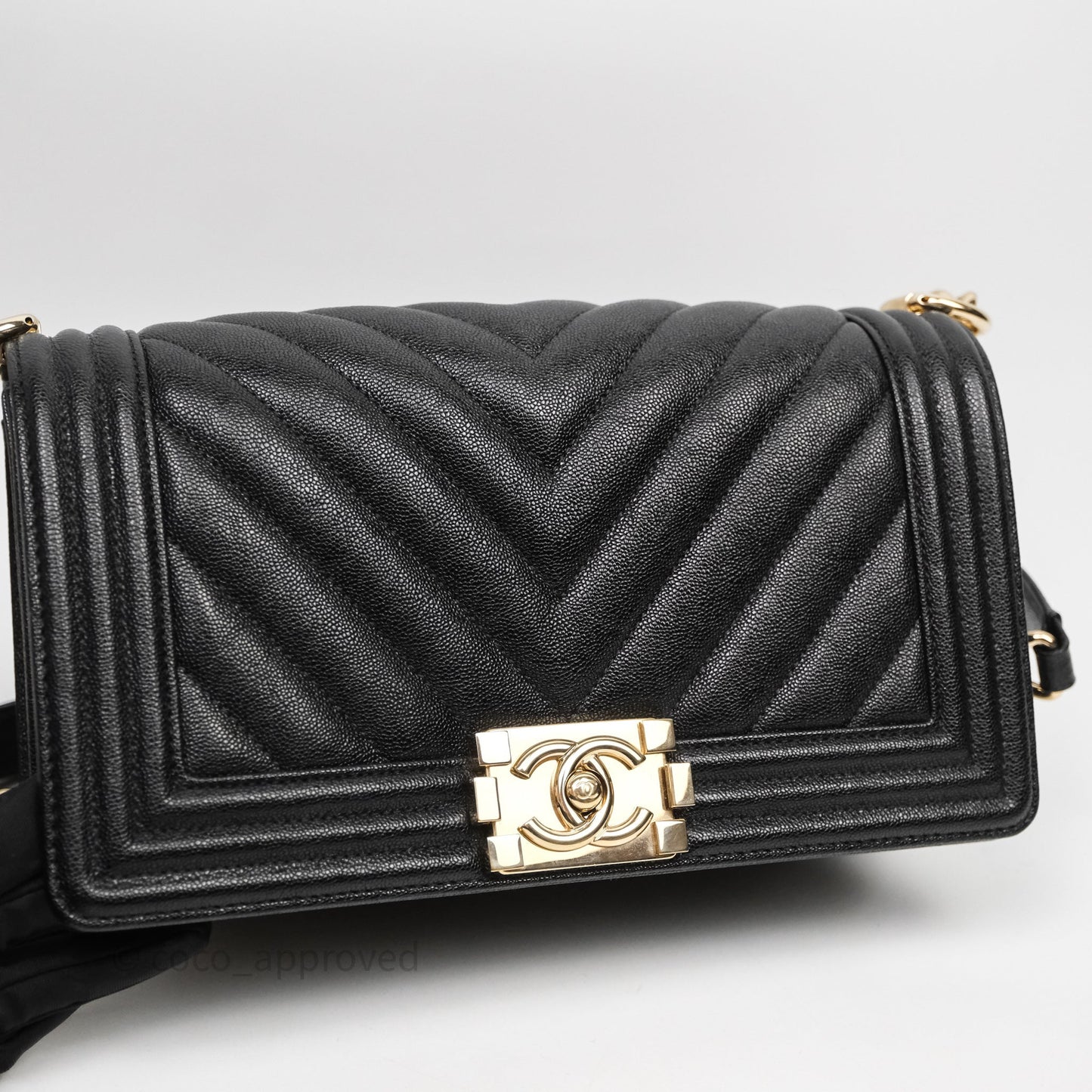 Chanel Medium Boy Chevron Black Caviar Light Gold Hardware
