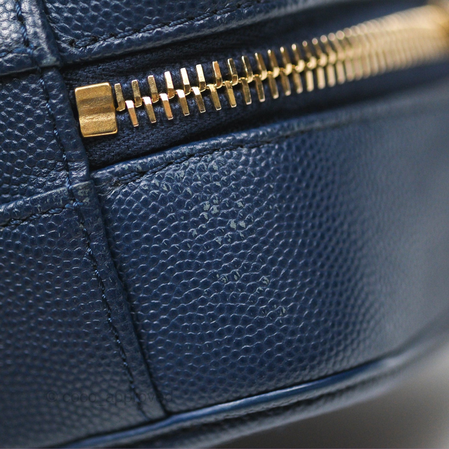 Chanel Quilted Small CC Filigree Vanity Case Navy Caviar Gold Hardware