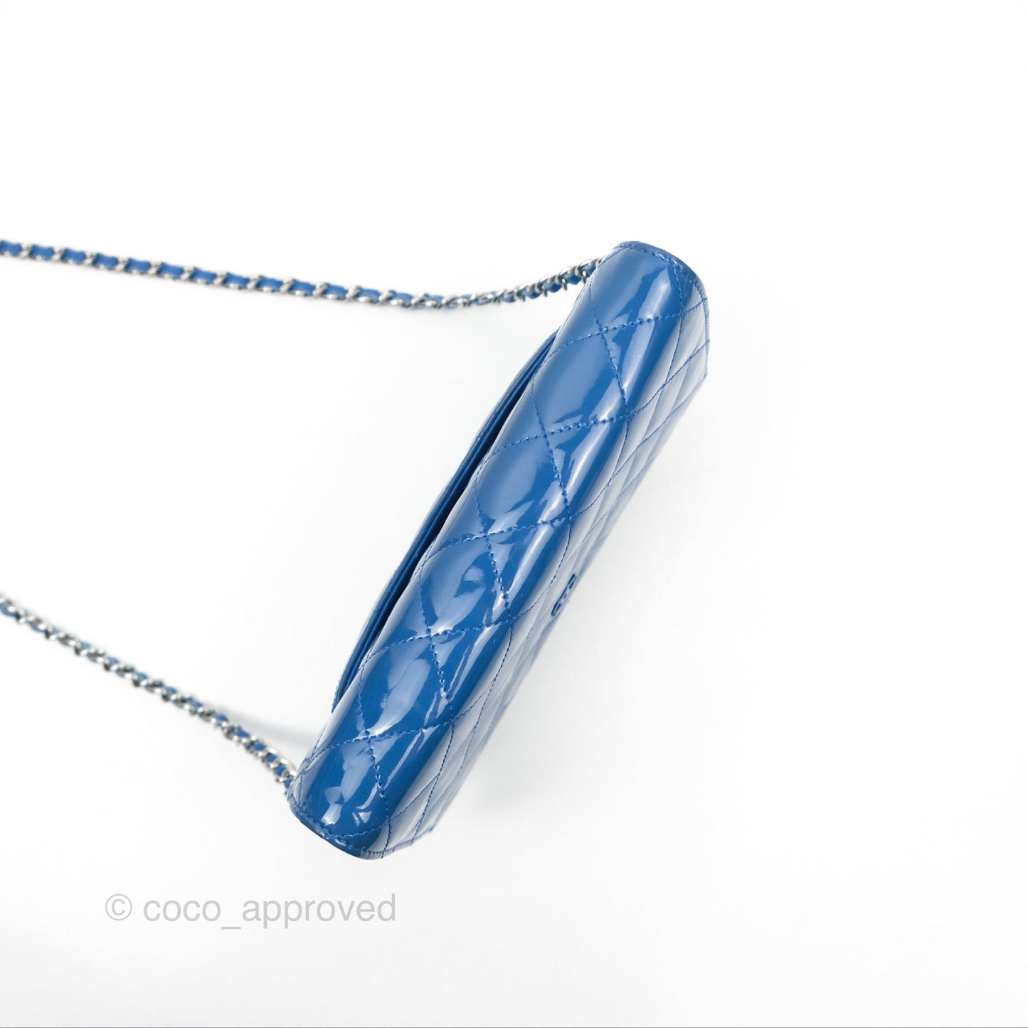 Chanel Quilted Classic Wallet on Chain WOC Blue Patent Silver Hardware
