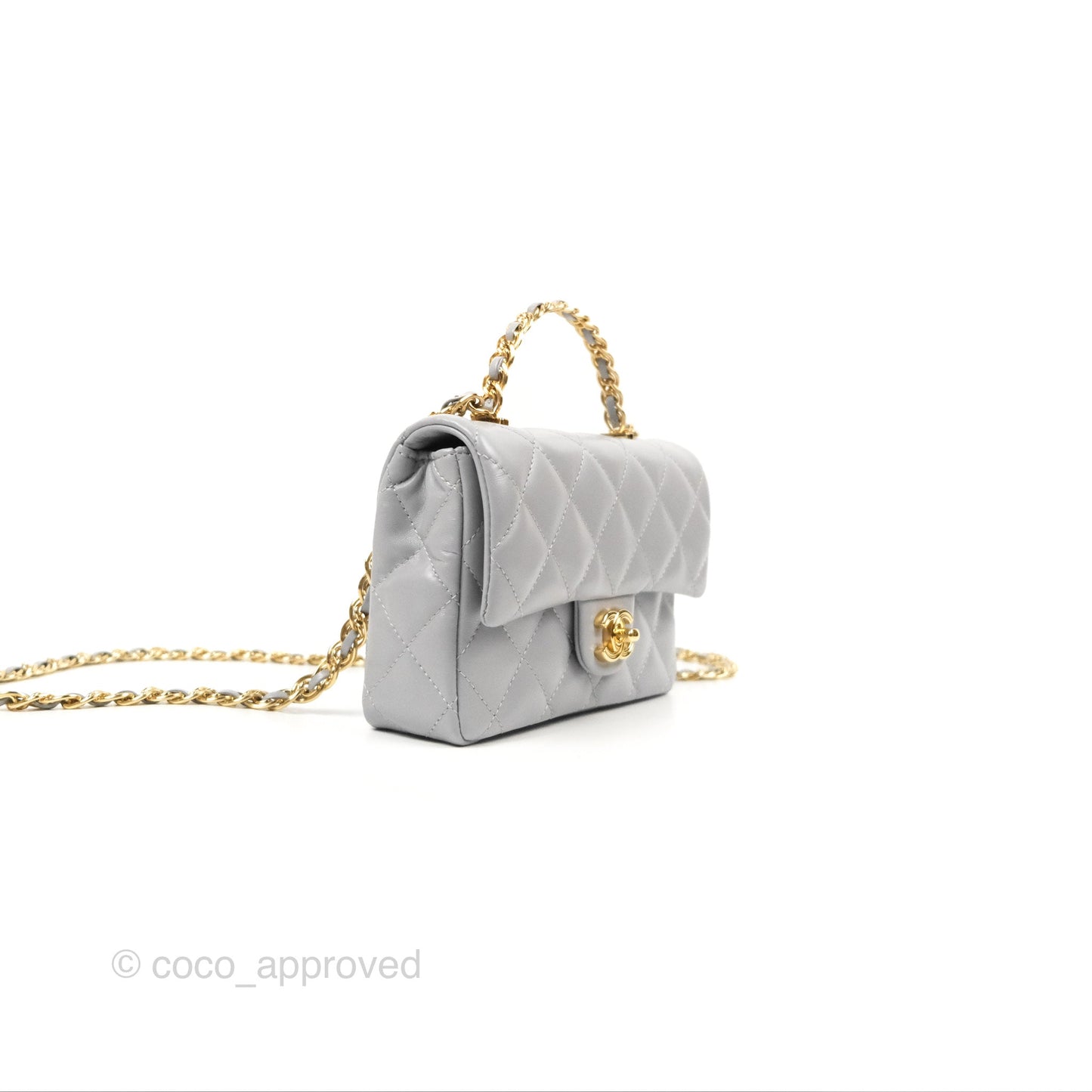 Chanel Top Handle Mini Flap Bag Light Grey Lambskin Gold Hardware 23S