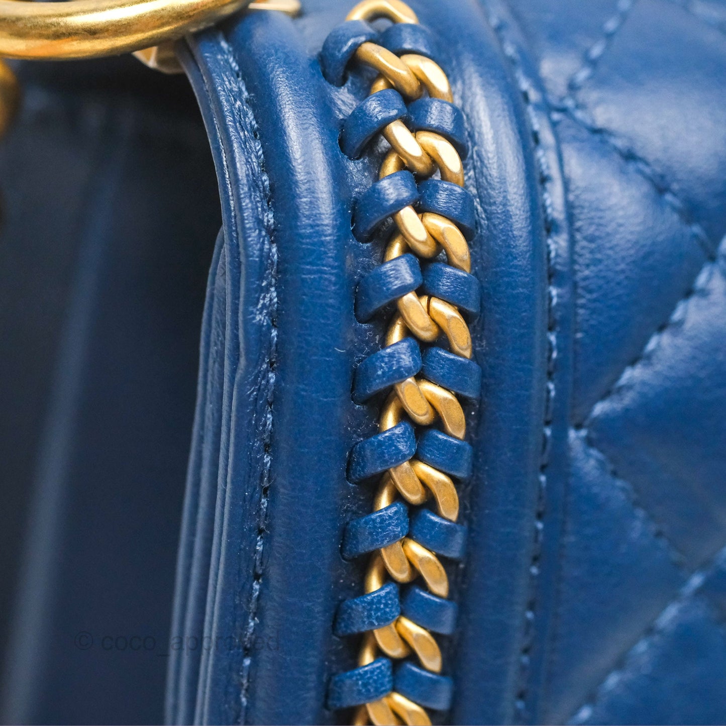 Chanel Quilted Medium Boy With Handle Dark Blue Calfskin Aged Gold Hardware