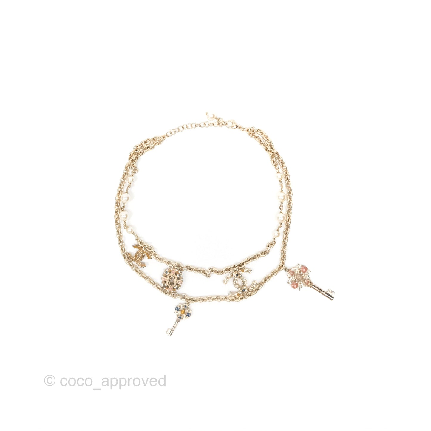 Chanel CC Keys Pendant Double Chain Necklace Gold Tone 17A