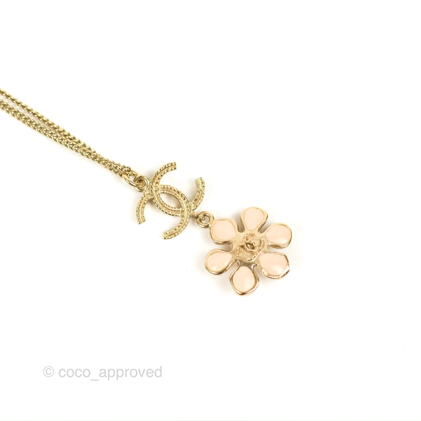 Chanel CC Pearl Light Pink Flower Pendant Necklace Gold Tone 18C