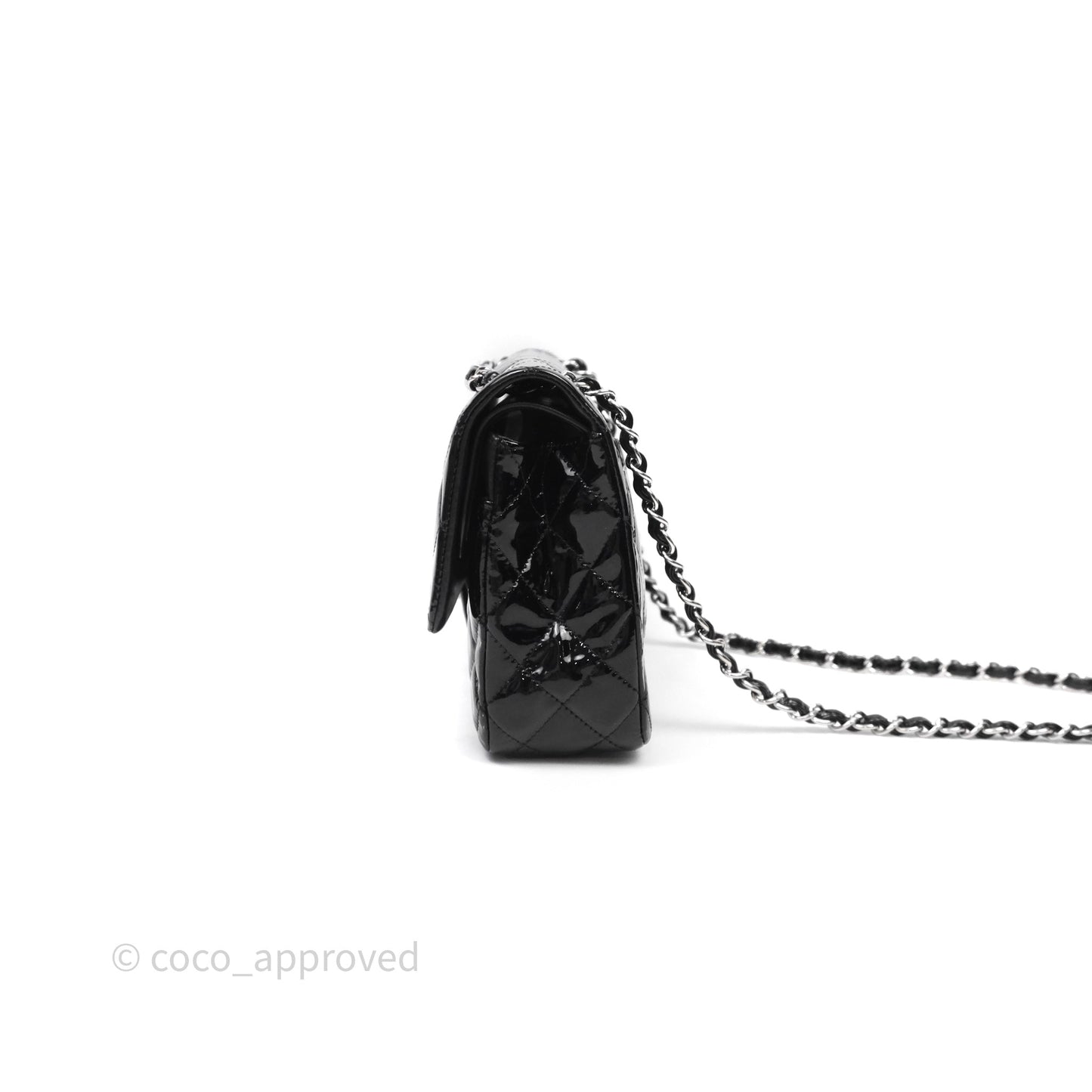 Chanel Medium Classic Flap Quilted Black Patent Silver Hardware