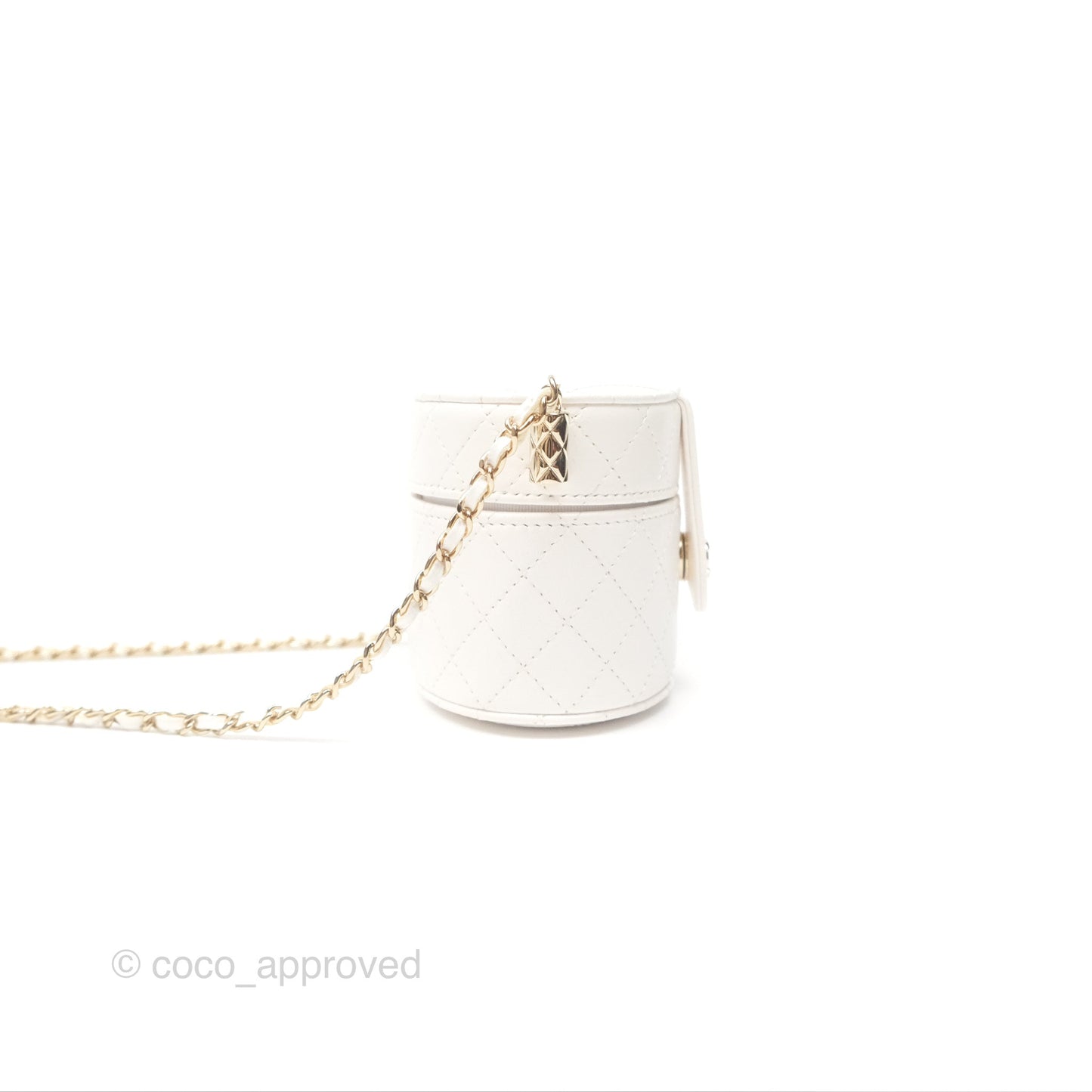 Chanel Quilted Round Vanity Clutch With Chain Lambskin White Gold Hardware