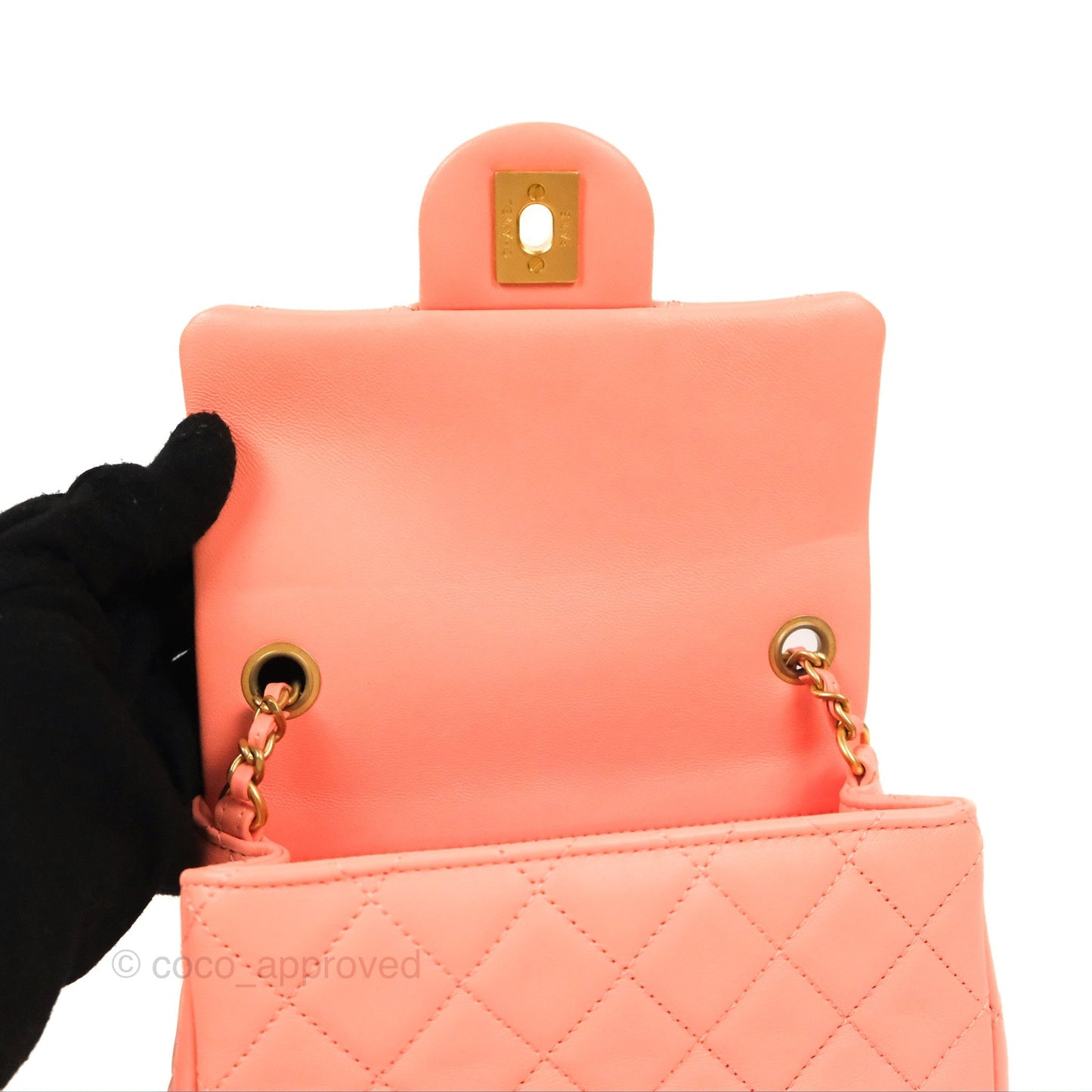 Chanel Pearl Crush Mini Square Quilted Pink Lambskin Aged Gold Hardware