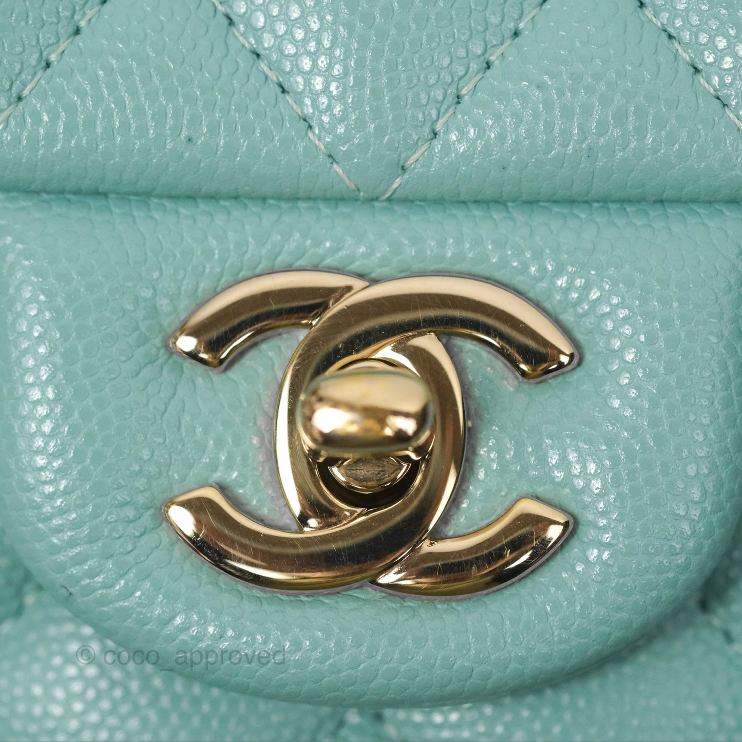 Chanel Small Classic Quilted Flap Tiffany Green Caviar Gold Hardware