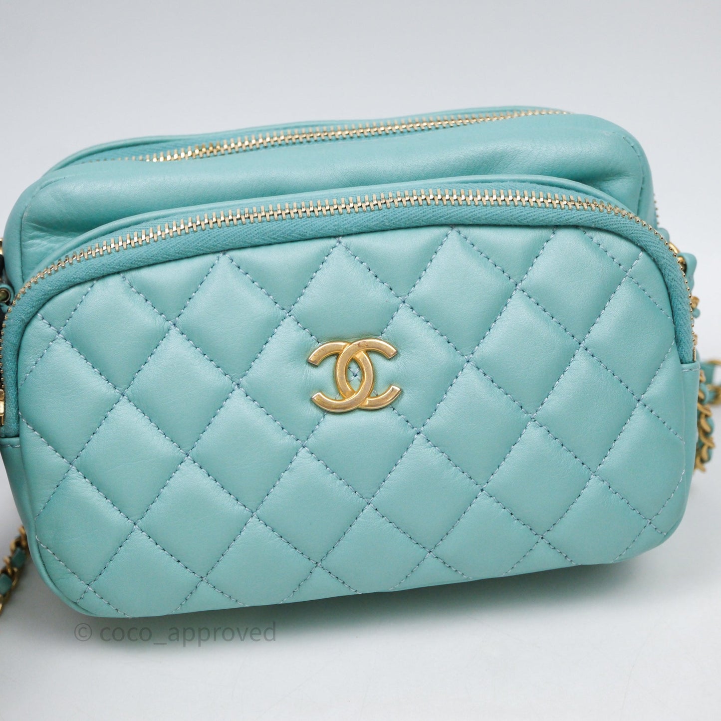 Chanel Camera Bag Quilted Pearly Turquoise Lambskin Aged Gold Hardware