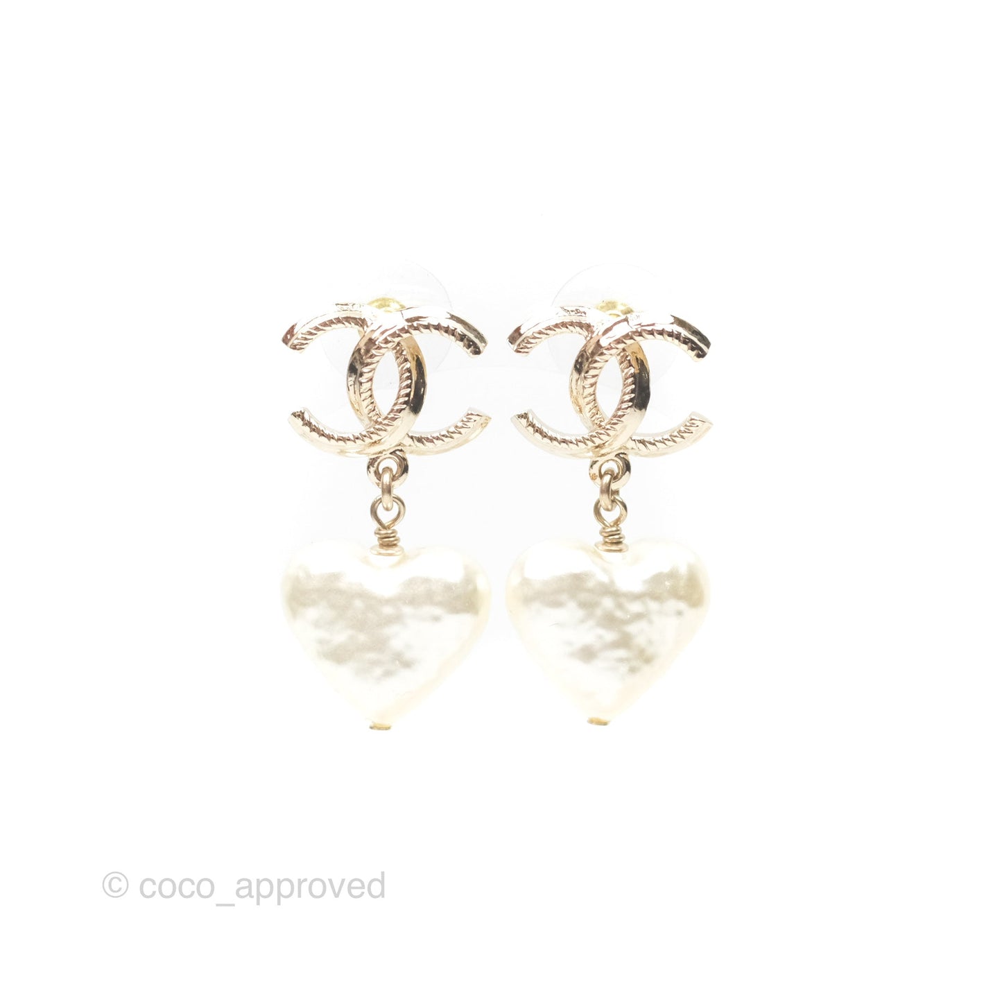 Chanel CC Pearl Heart Drop Earrings Gold Tone 22V