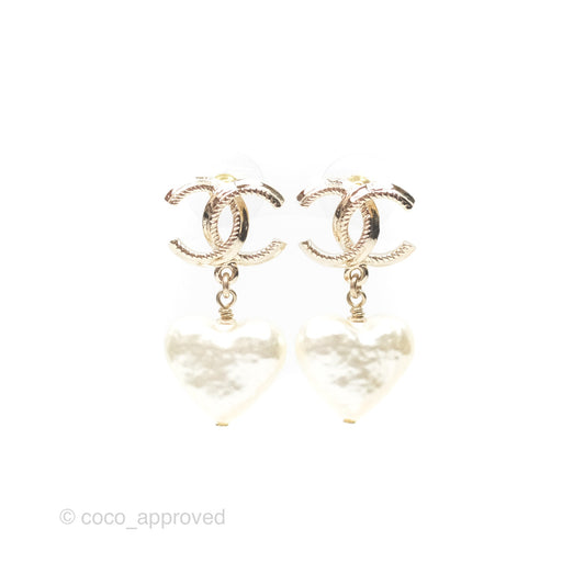 Chanel CC Pearl Heart Drop Earrings Gold Tone 22V