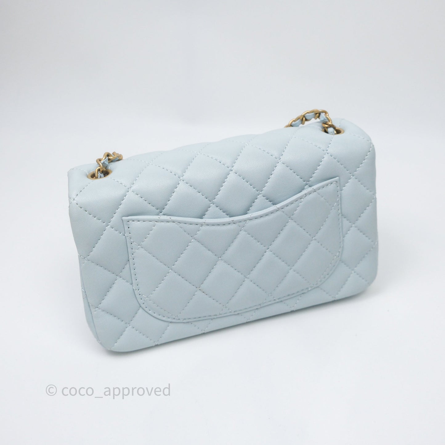 Chanel Pearl Crush Mini Rectangular Light Blue Lambskin Aged Gold Hardware