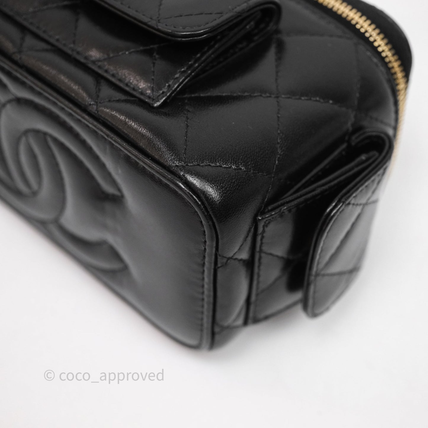 Chanel Quilted Top Handle Pocket Vanity Case Black Shiny Lambskin Bag Gold Hardware