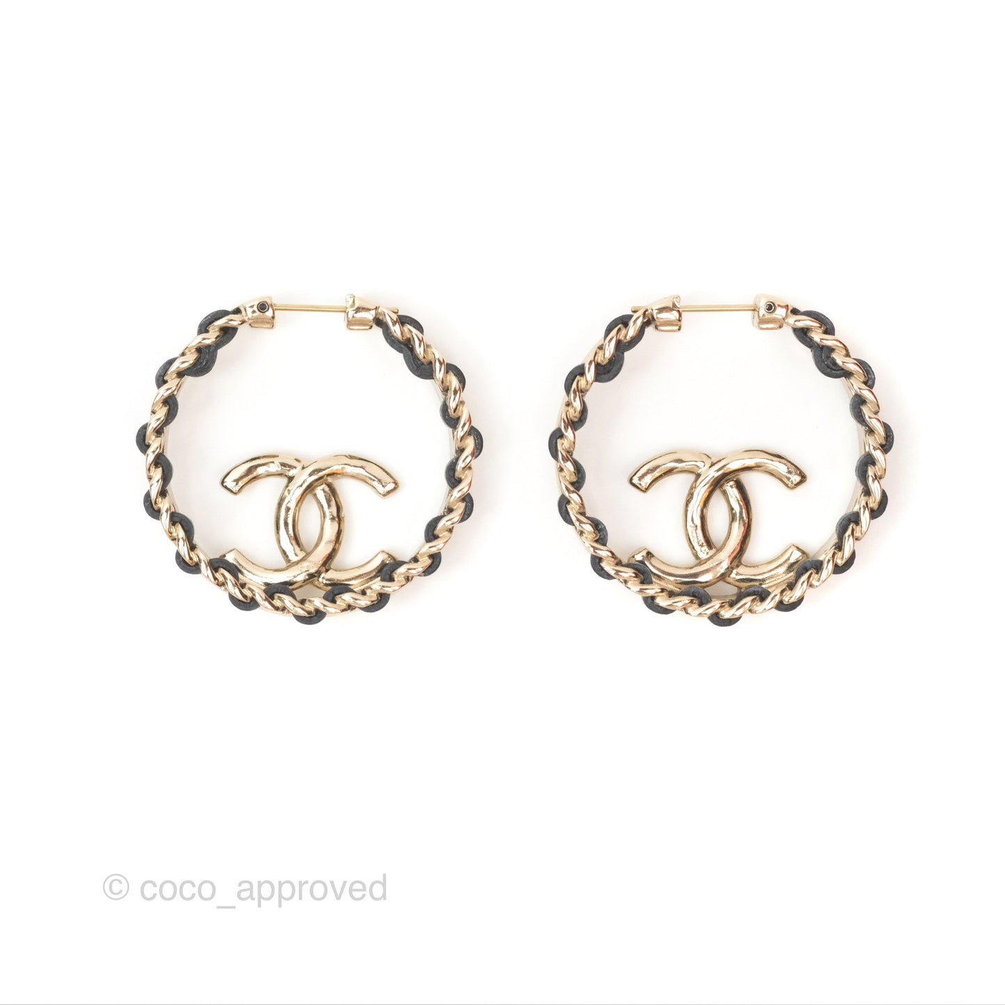 Chanel Gold Hoop Black Leather CC Earrings 22P