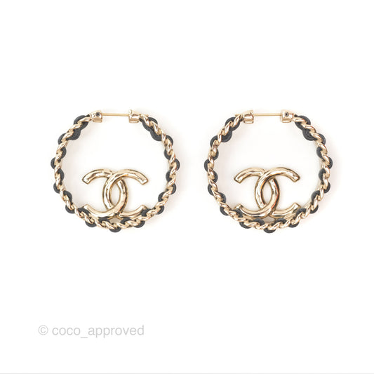 Chanel Gold Hoop Black Leather CC Earrings 22P