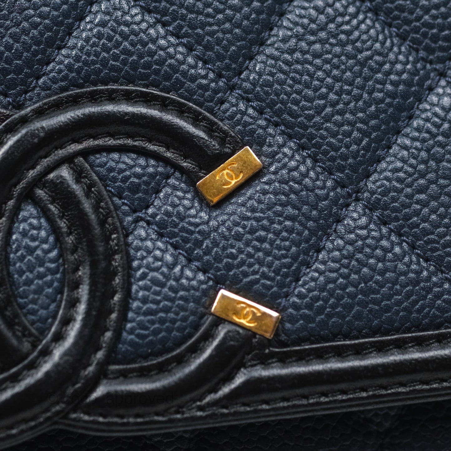 Chanel Small CC Filigree Flap Quilted Navy Black Caviar Aged Gold Hardware